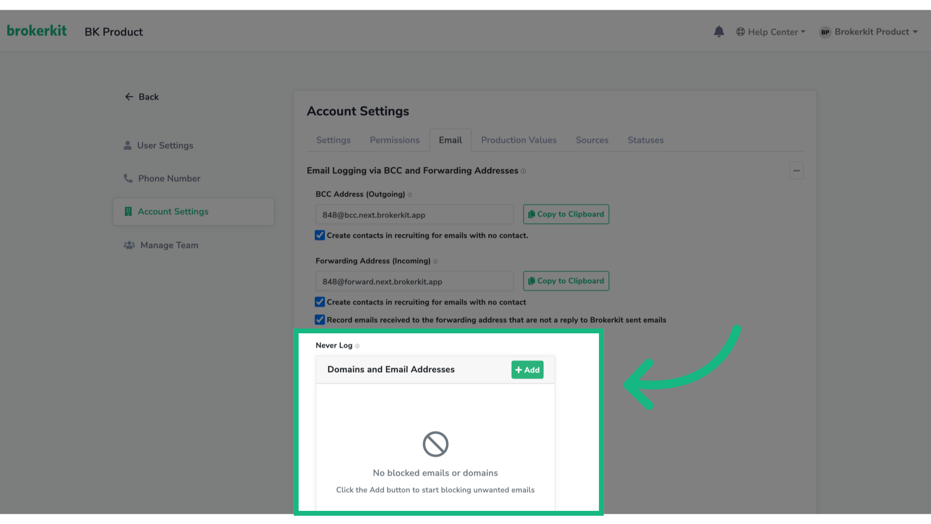Add email addresses or domains to avoid forwarding emails to Brokerkit