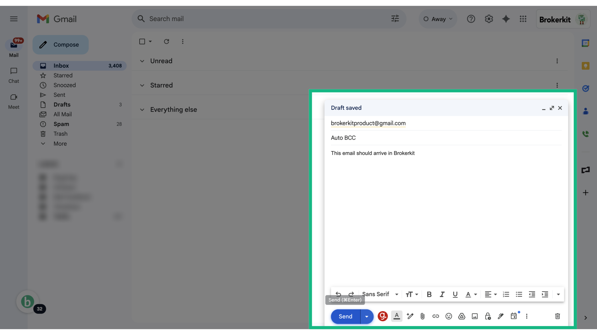 Send an email from test@getbrokerkit.com
