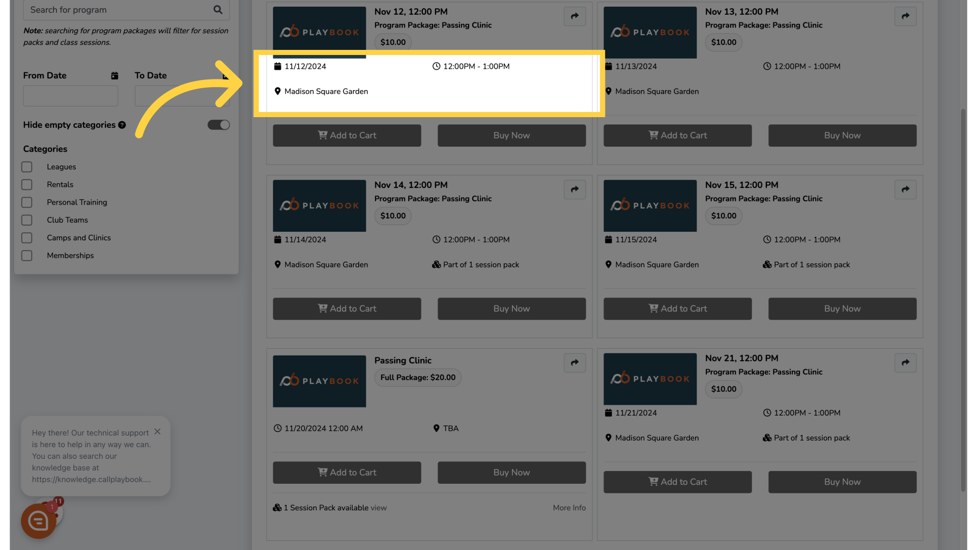 If you select 'Card' all sessions will appear as an individual registration card