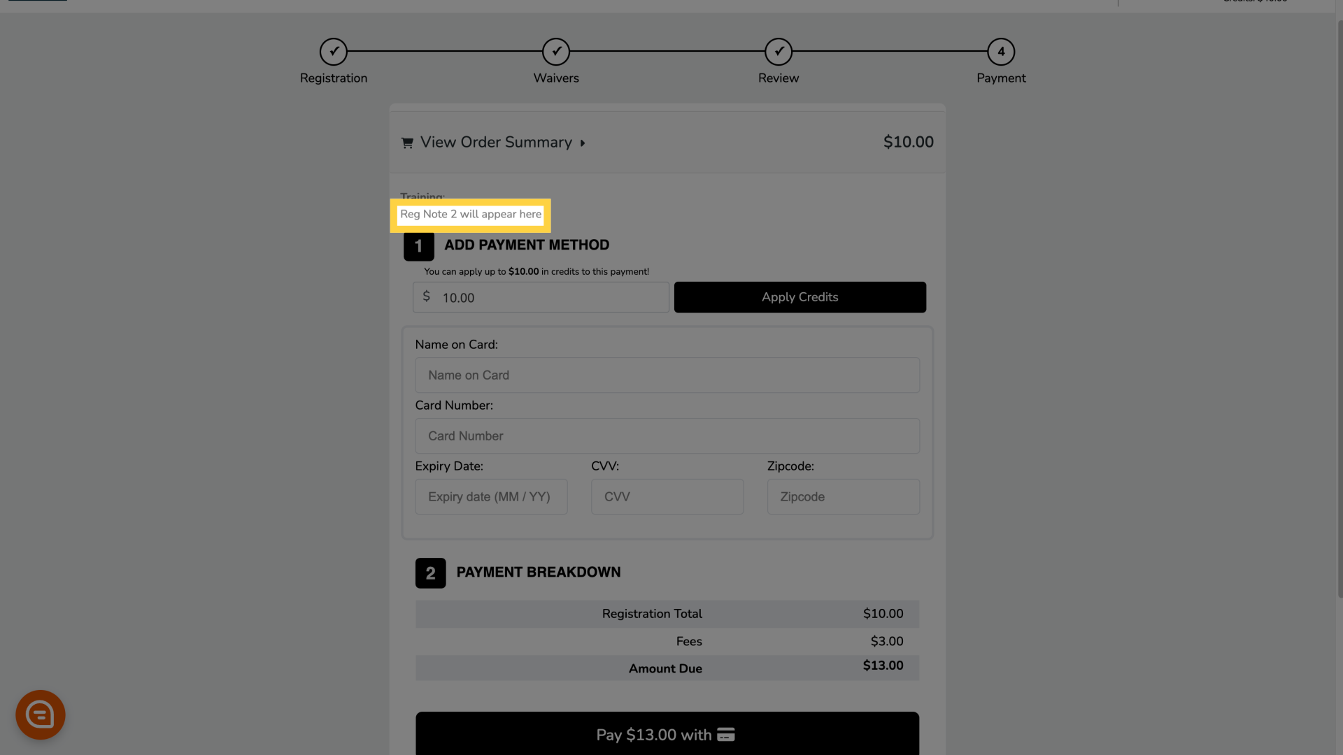 Registration Note 2 will appear before users confirm their payment