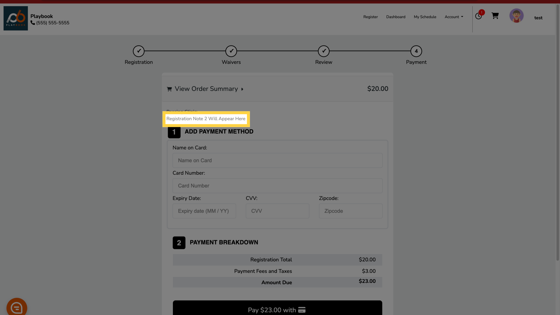 Registration Note 2 will appear before the user confirms payment