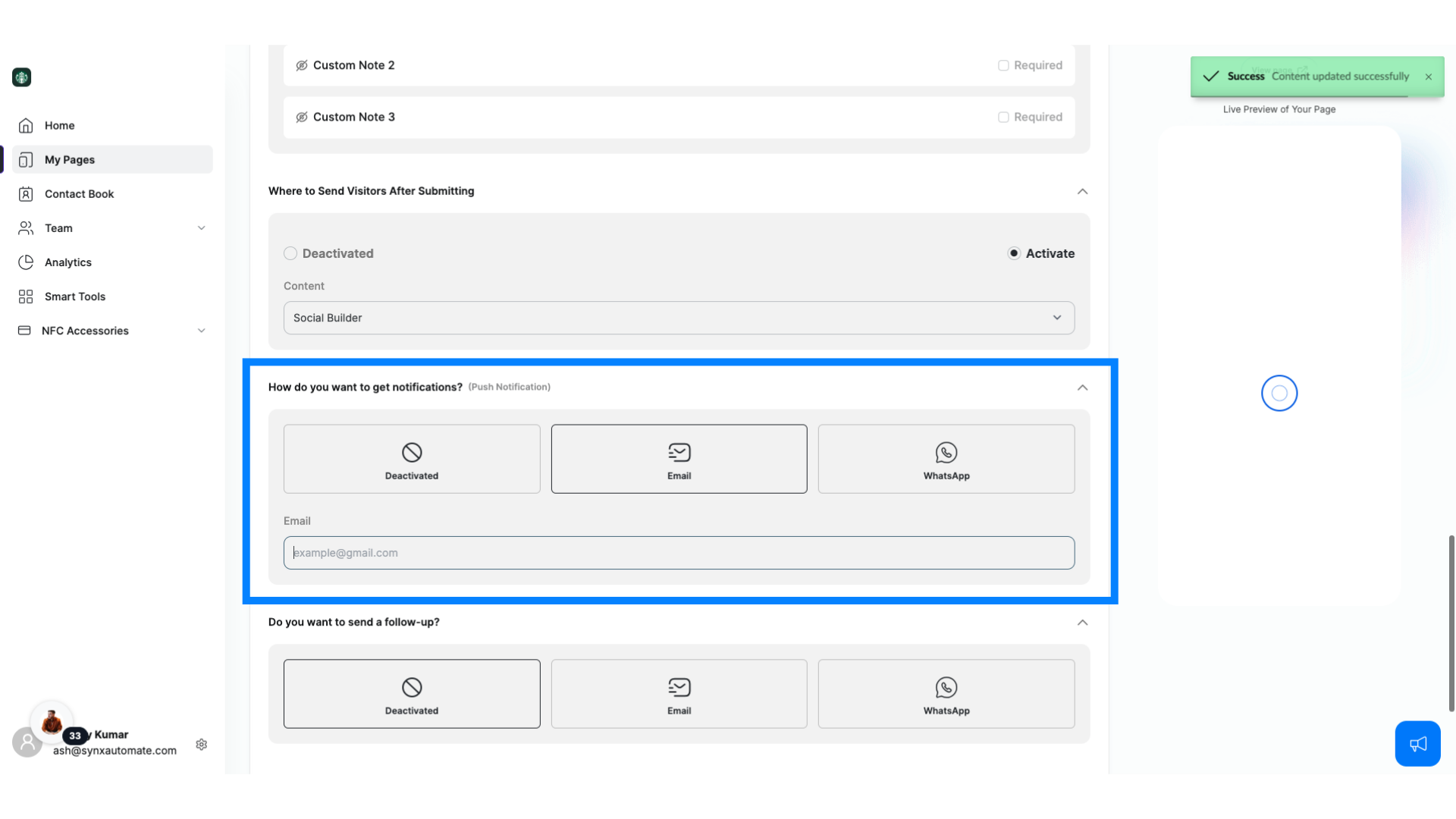 Notifications- Email or Whatsapp