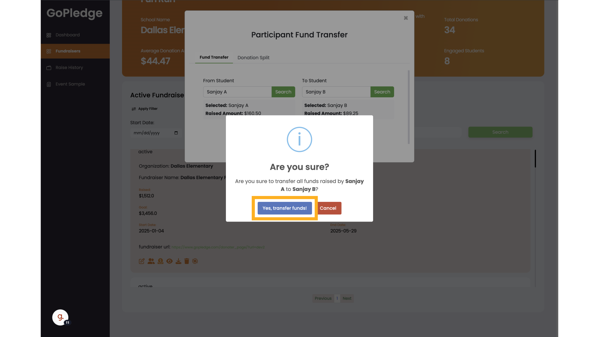 Click 'Yes, transfer funds!'