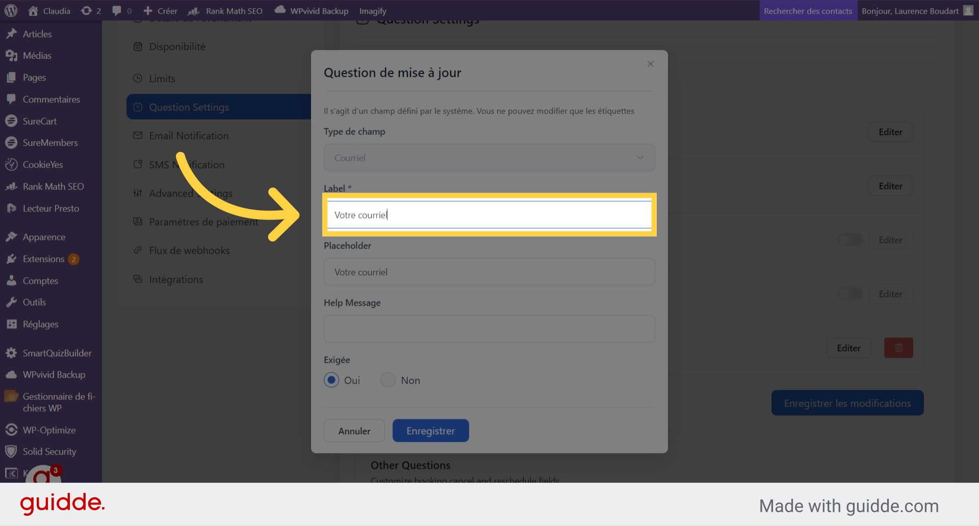 Modifier le label du champs et la placeholder