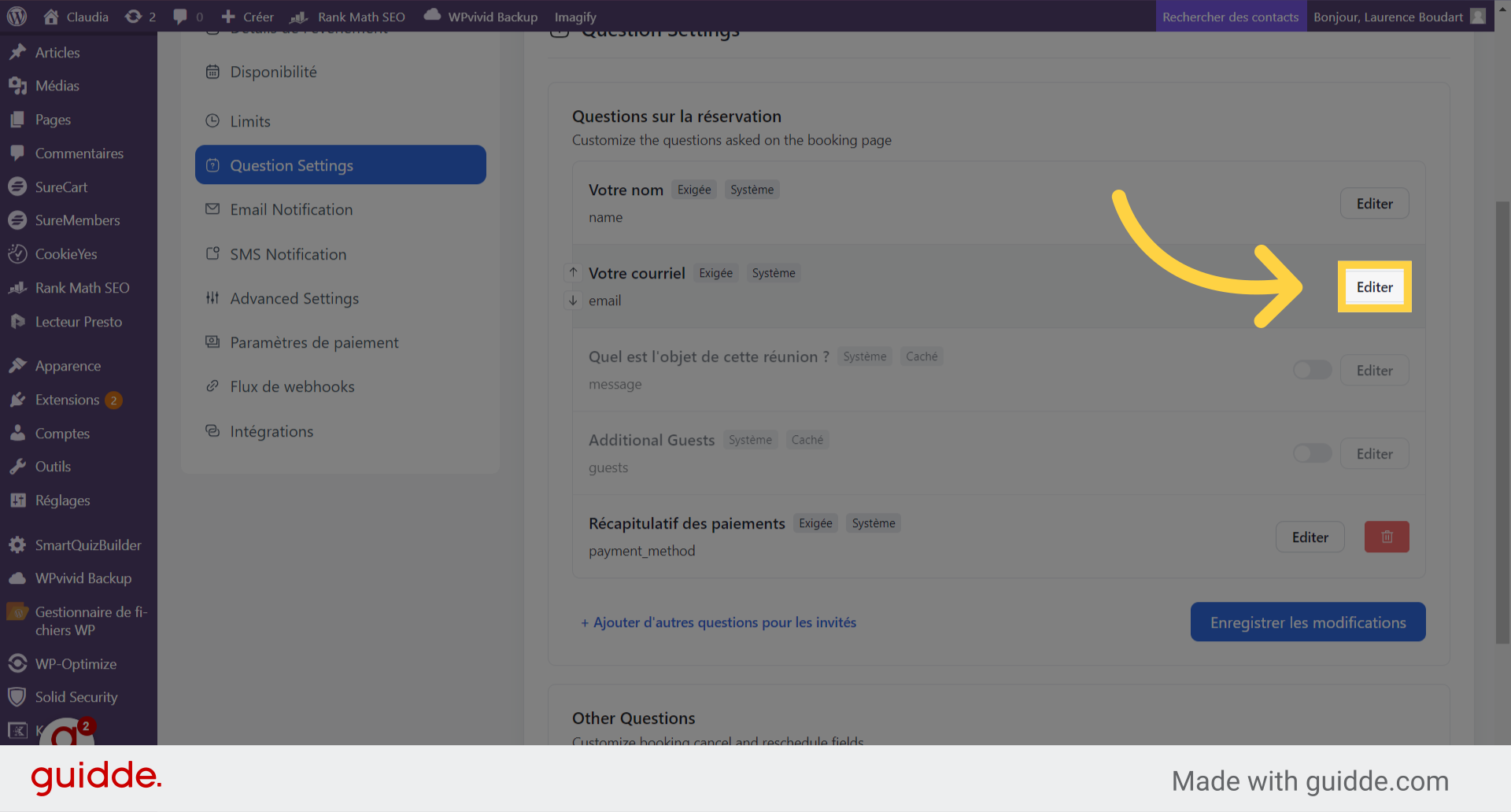 Pour modifier les questions Cliquez 'Editer'