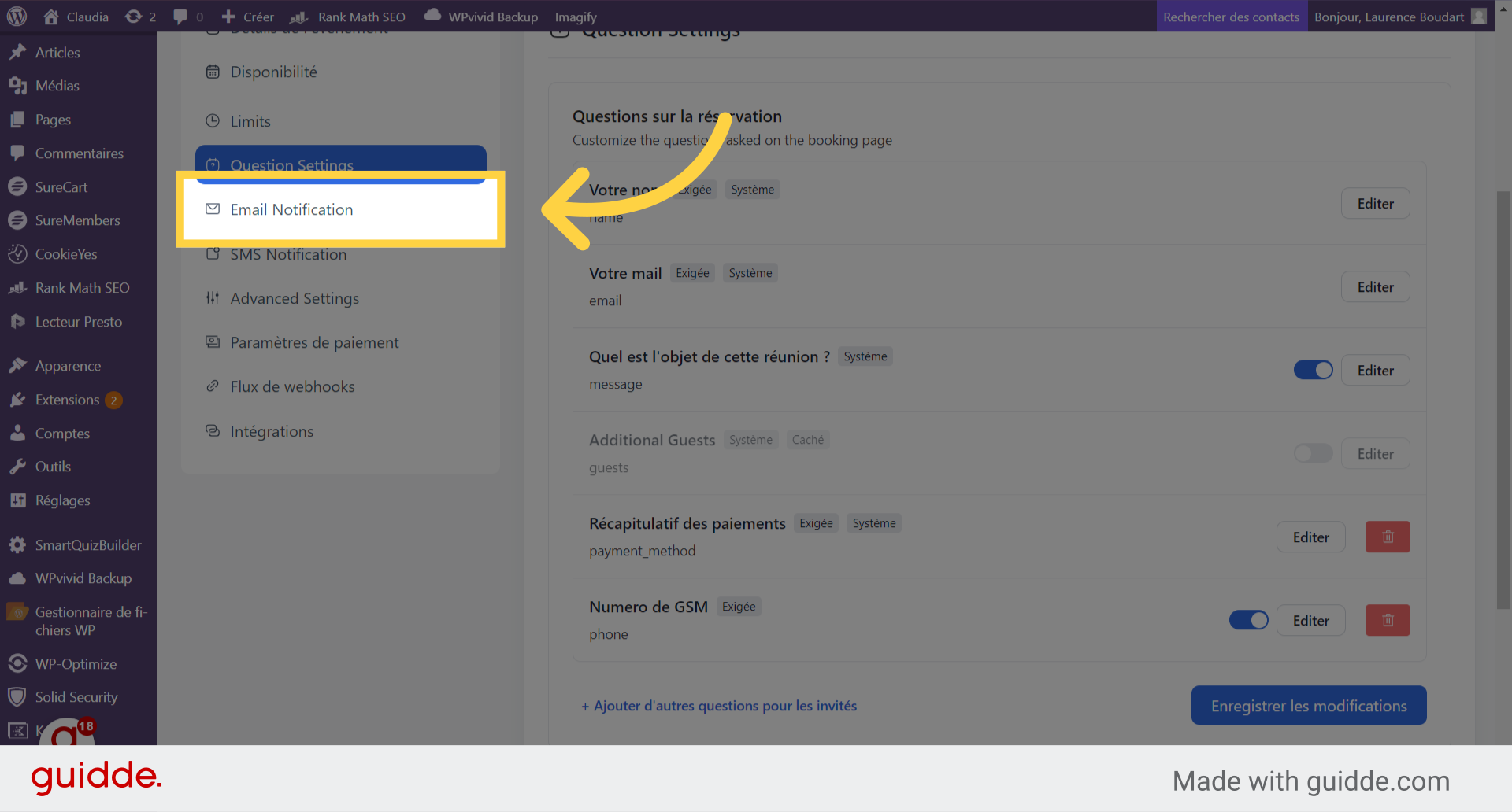 Onglet 'Email Notification'