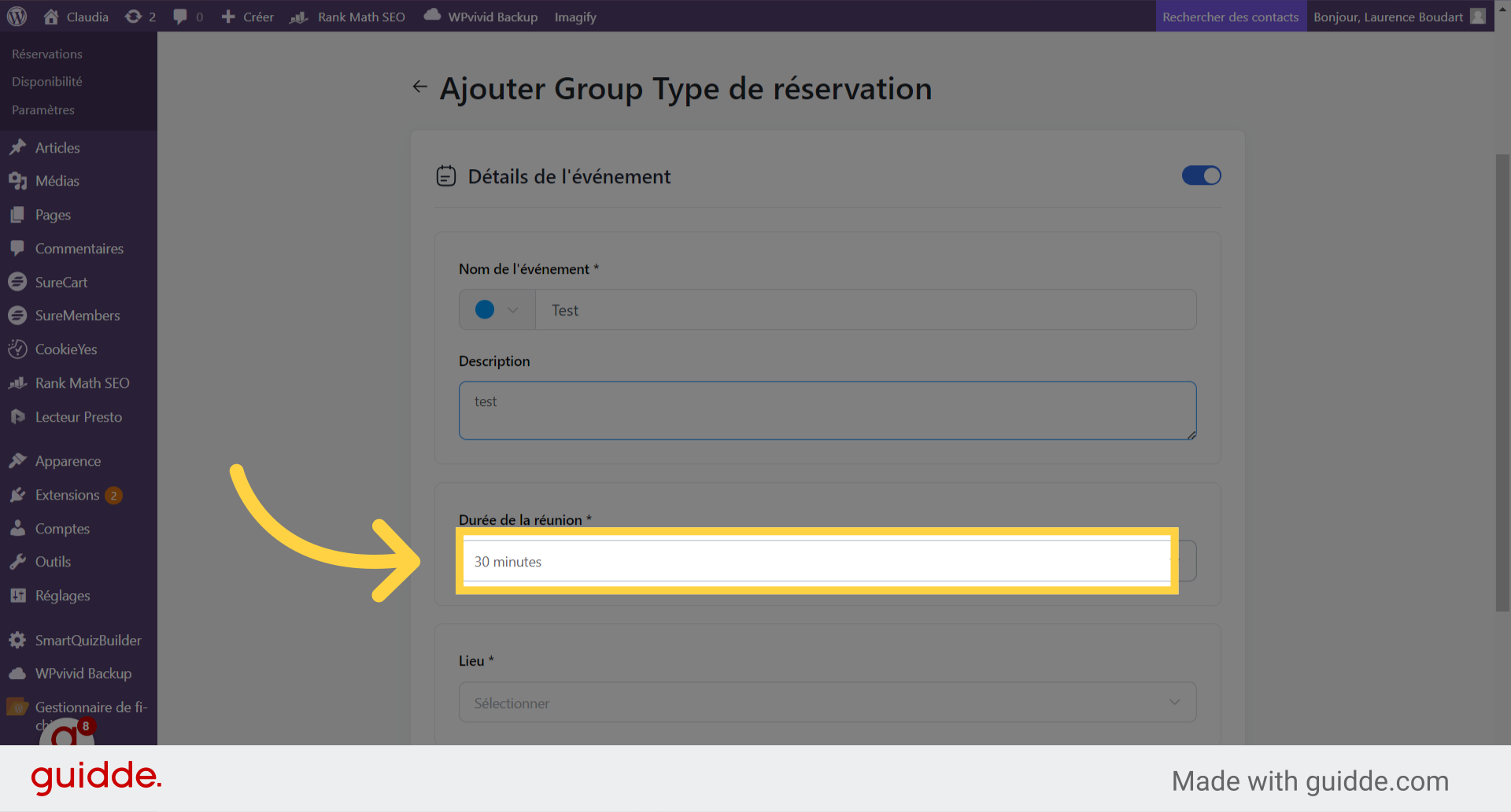 Cliquez 'Durée de la réunion'