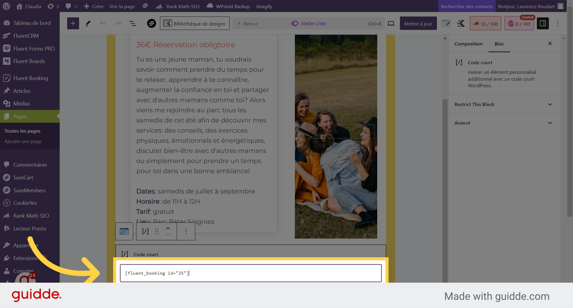 Cliquez sur le code court dans la page agenda
