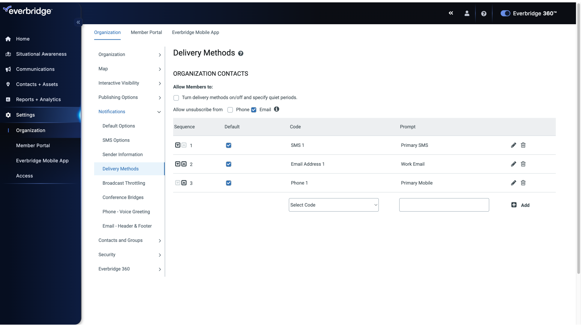 Settings - Delivery Methods