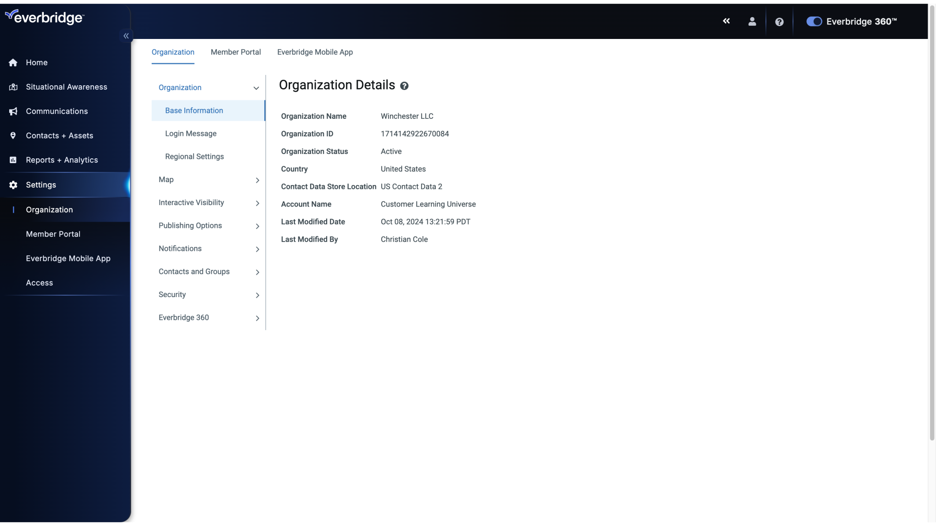 Settings - Organization