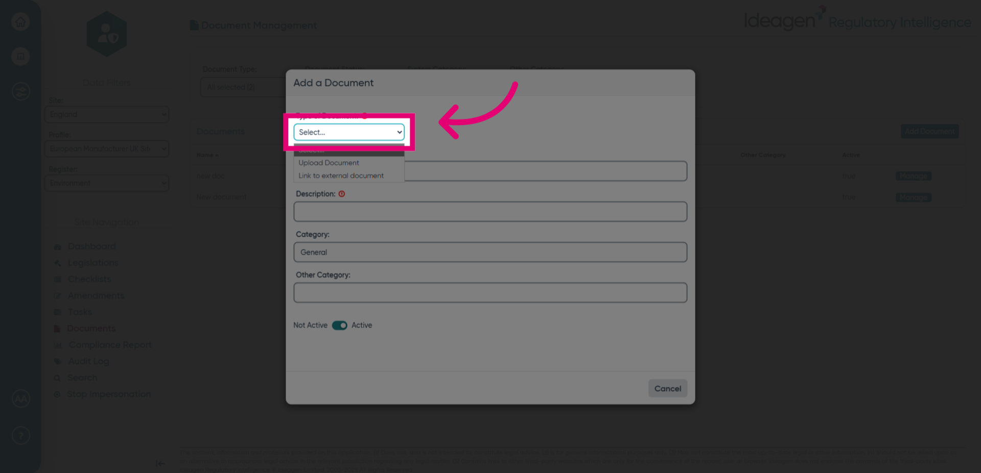 Click 'Select... Upload Document Link to external document'