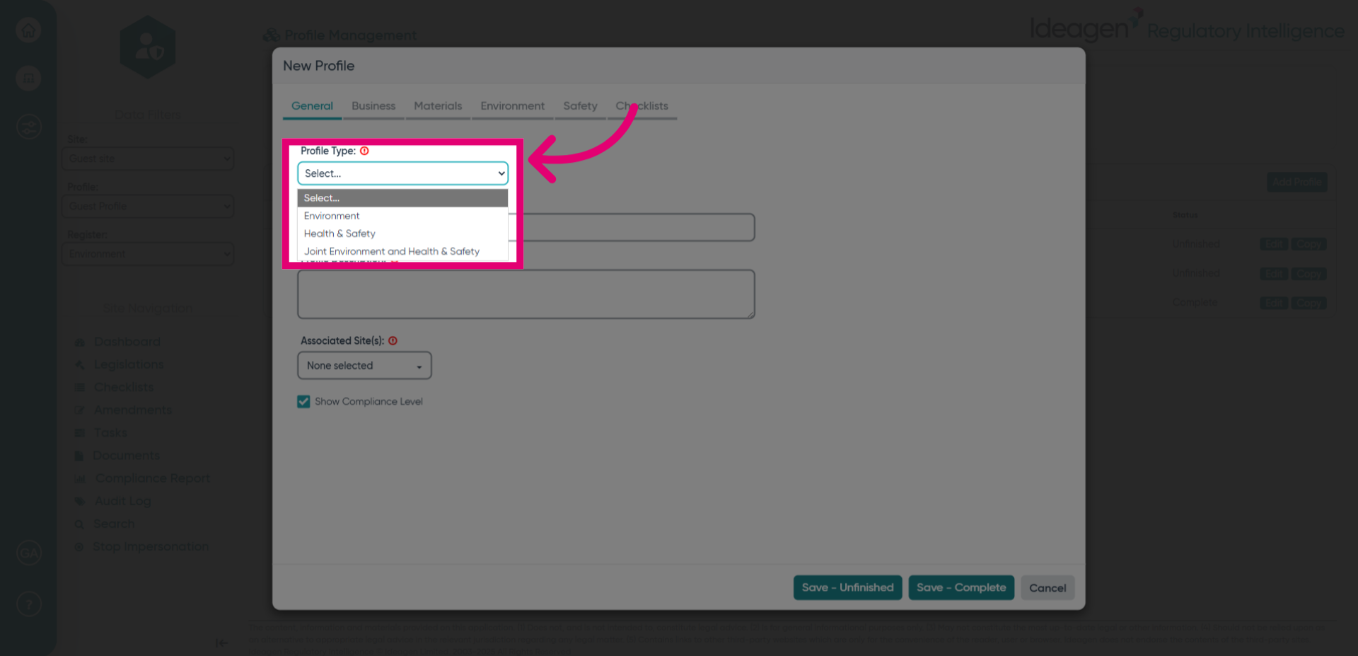 Click 'Profile Type' drop down