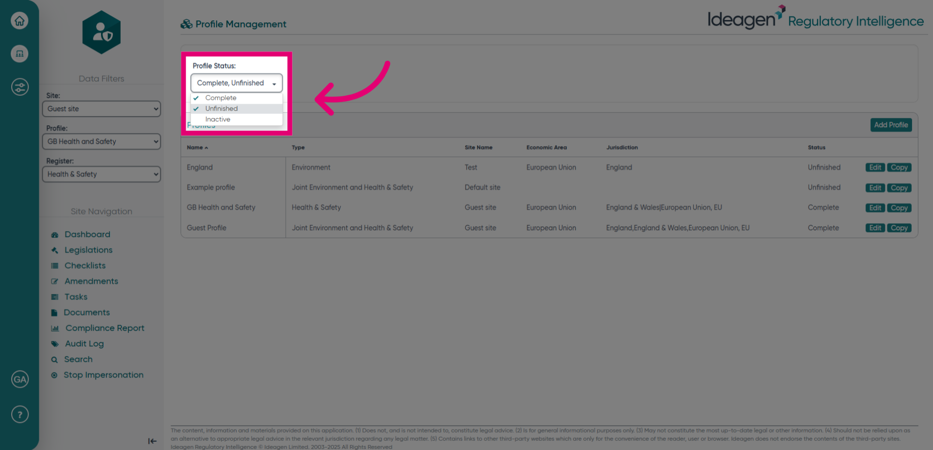 Click 'Profile Status'