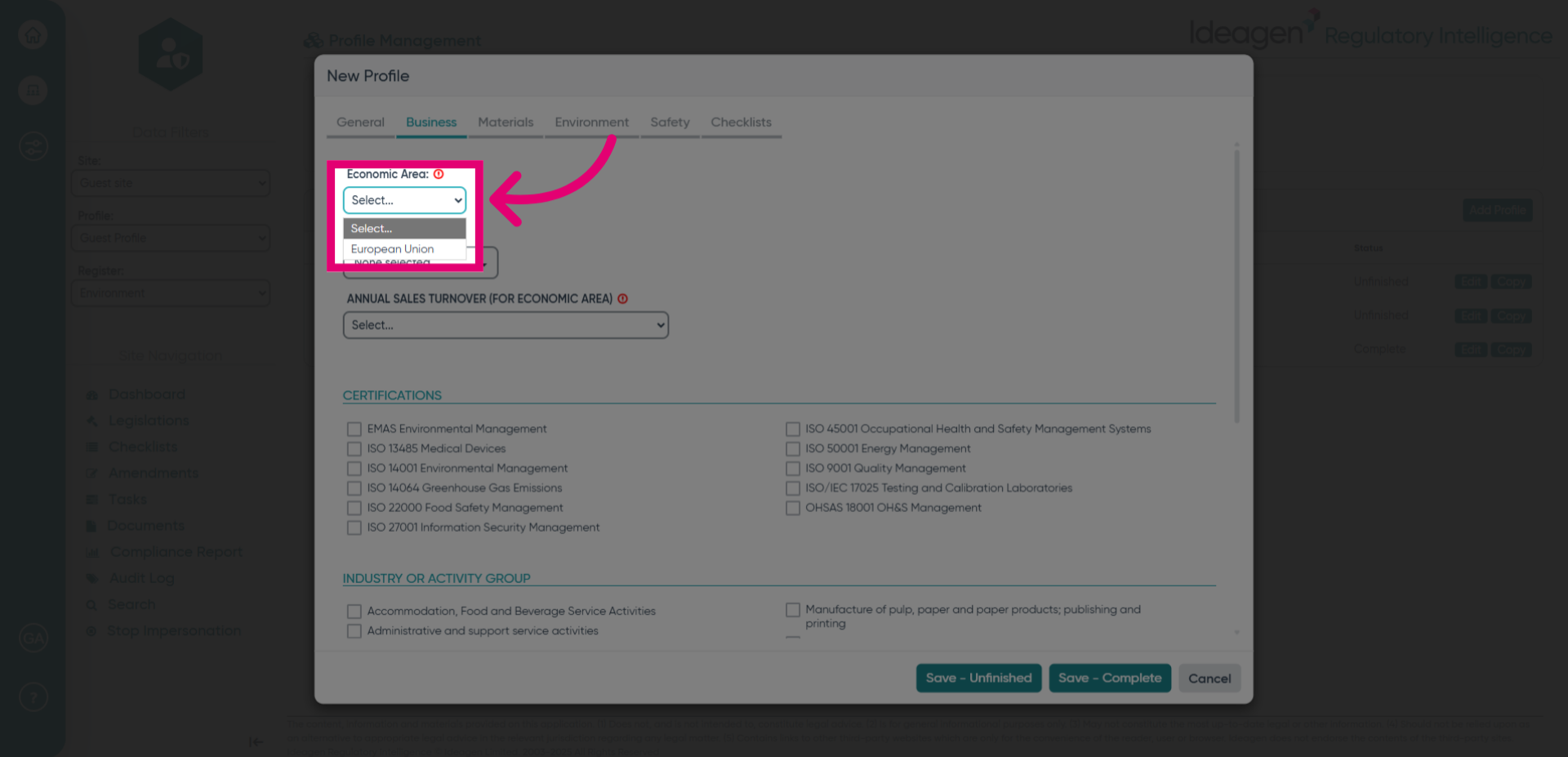 Click 'Economic Area' dropdown