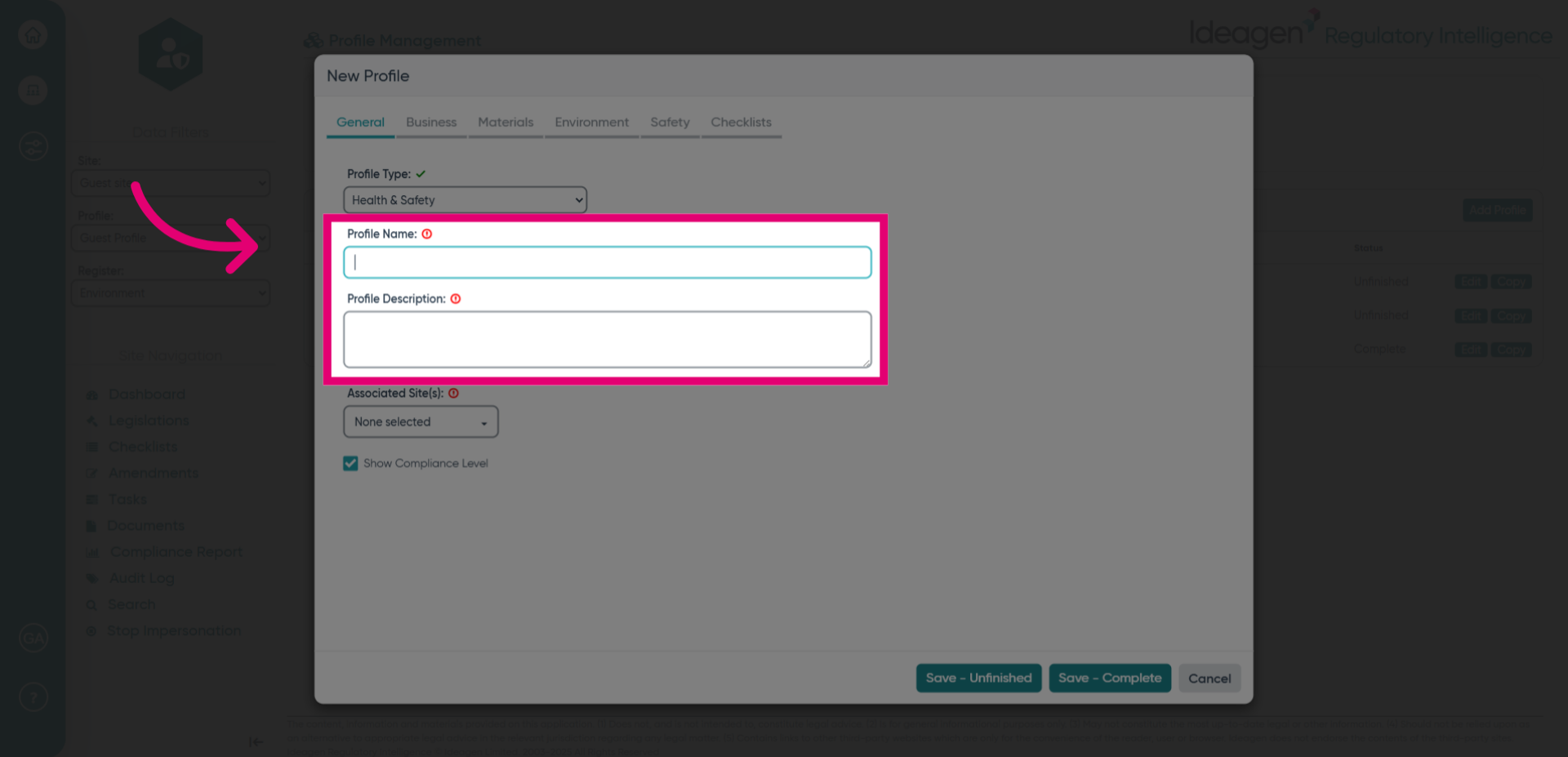 Enter a 'Profile Name' and 'Profile Description'