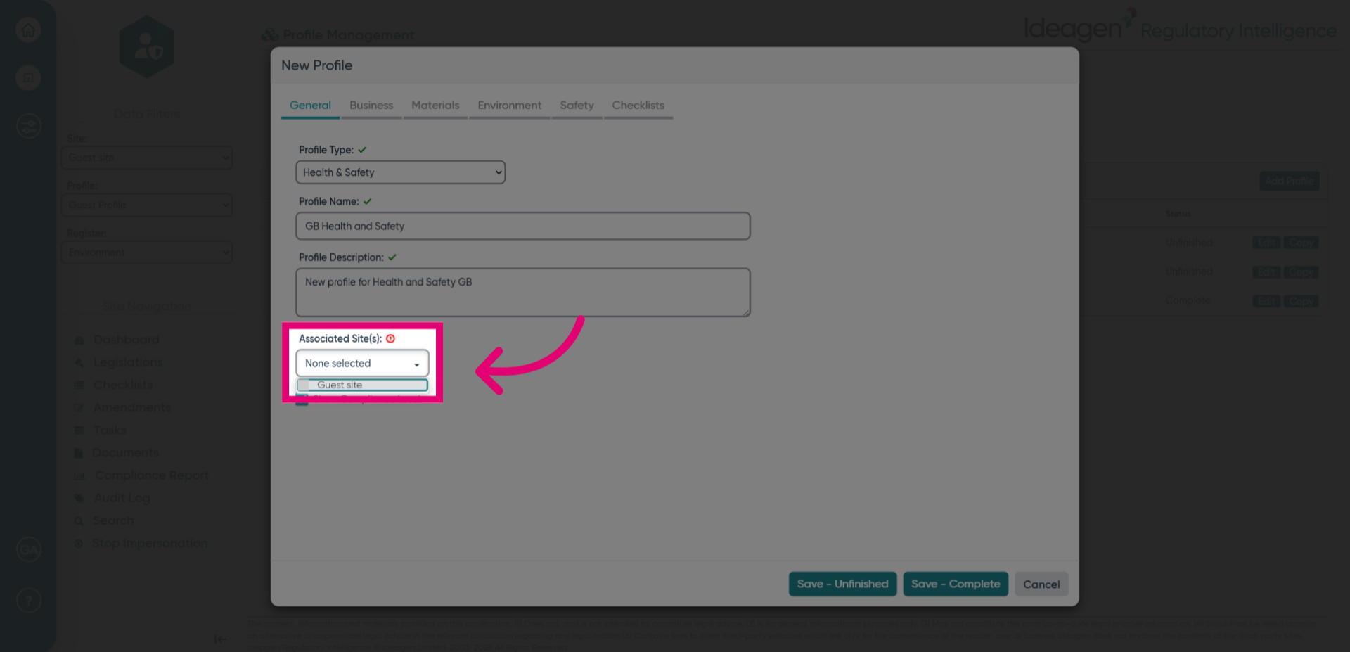 Click 'Associated Site' drop down