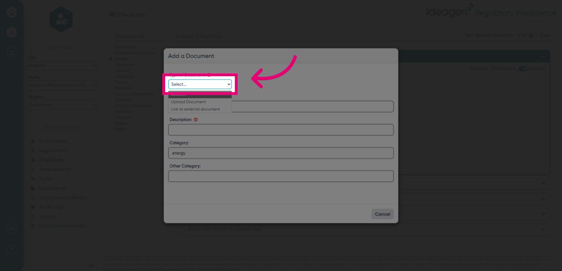 Click 'Select... Upload Document Link to external document'