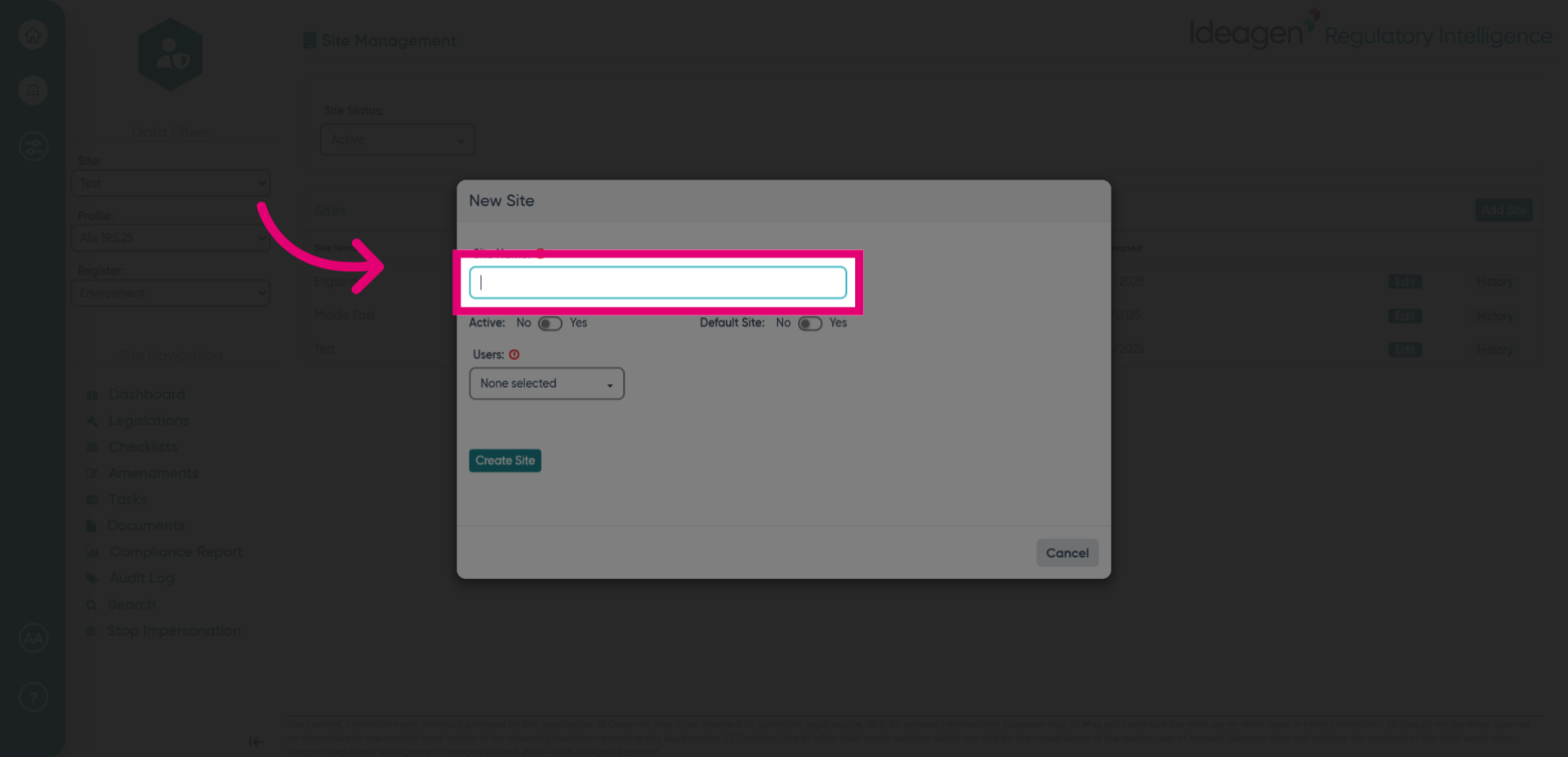 Click 'Site Name:'