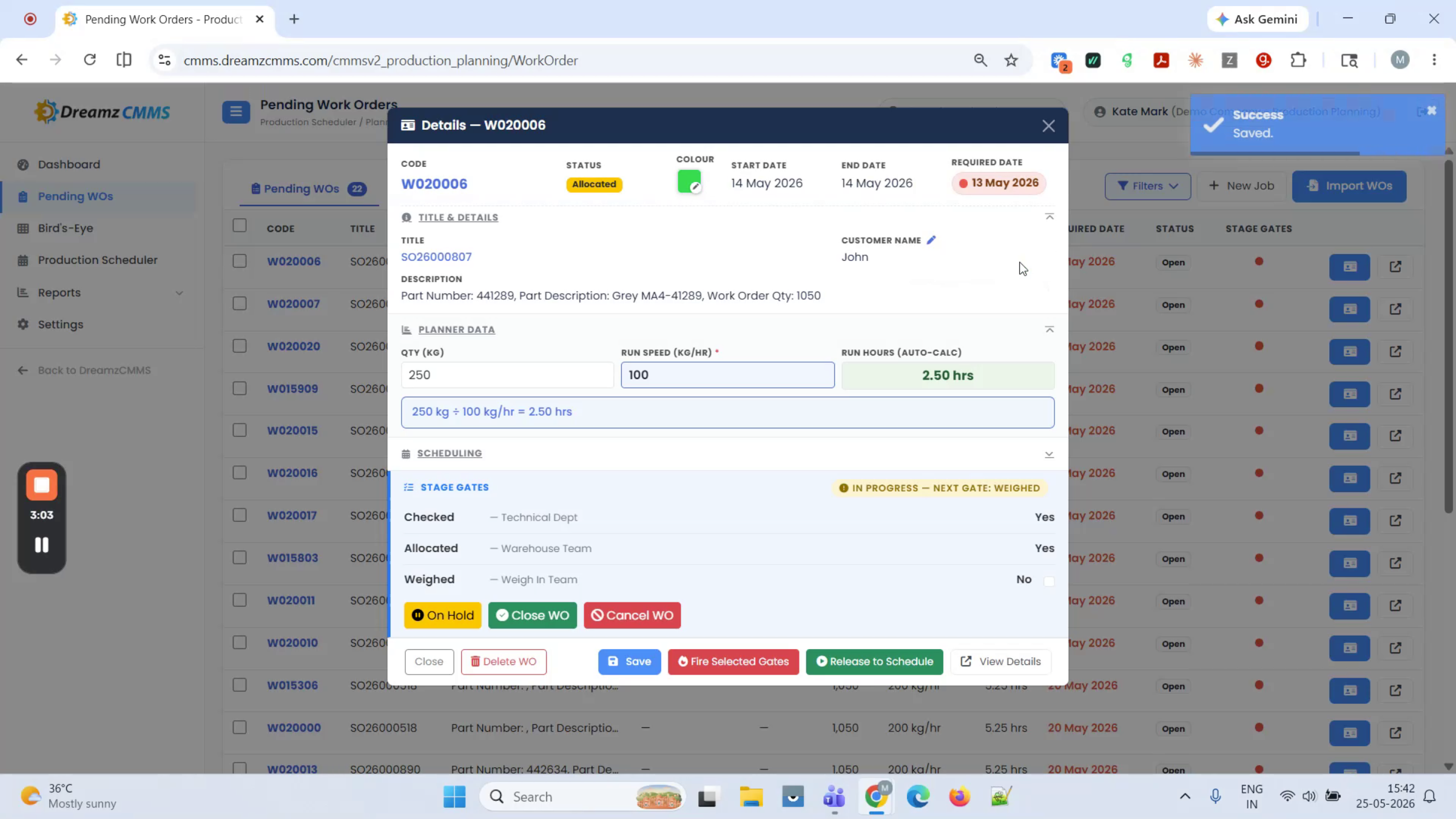 Release Work Order To Schedule