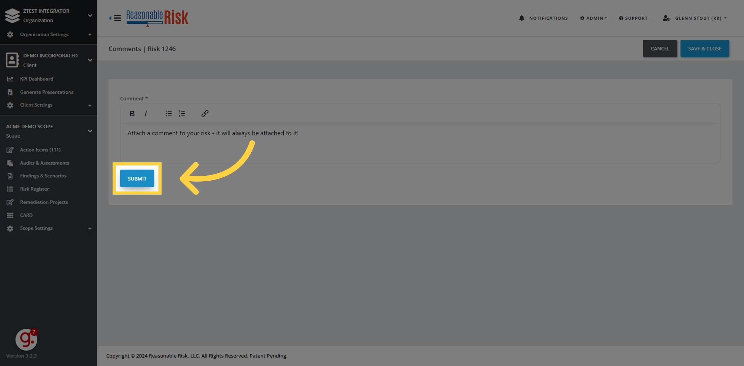 Click 'Submit' to save your comment