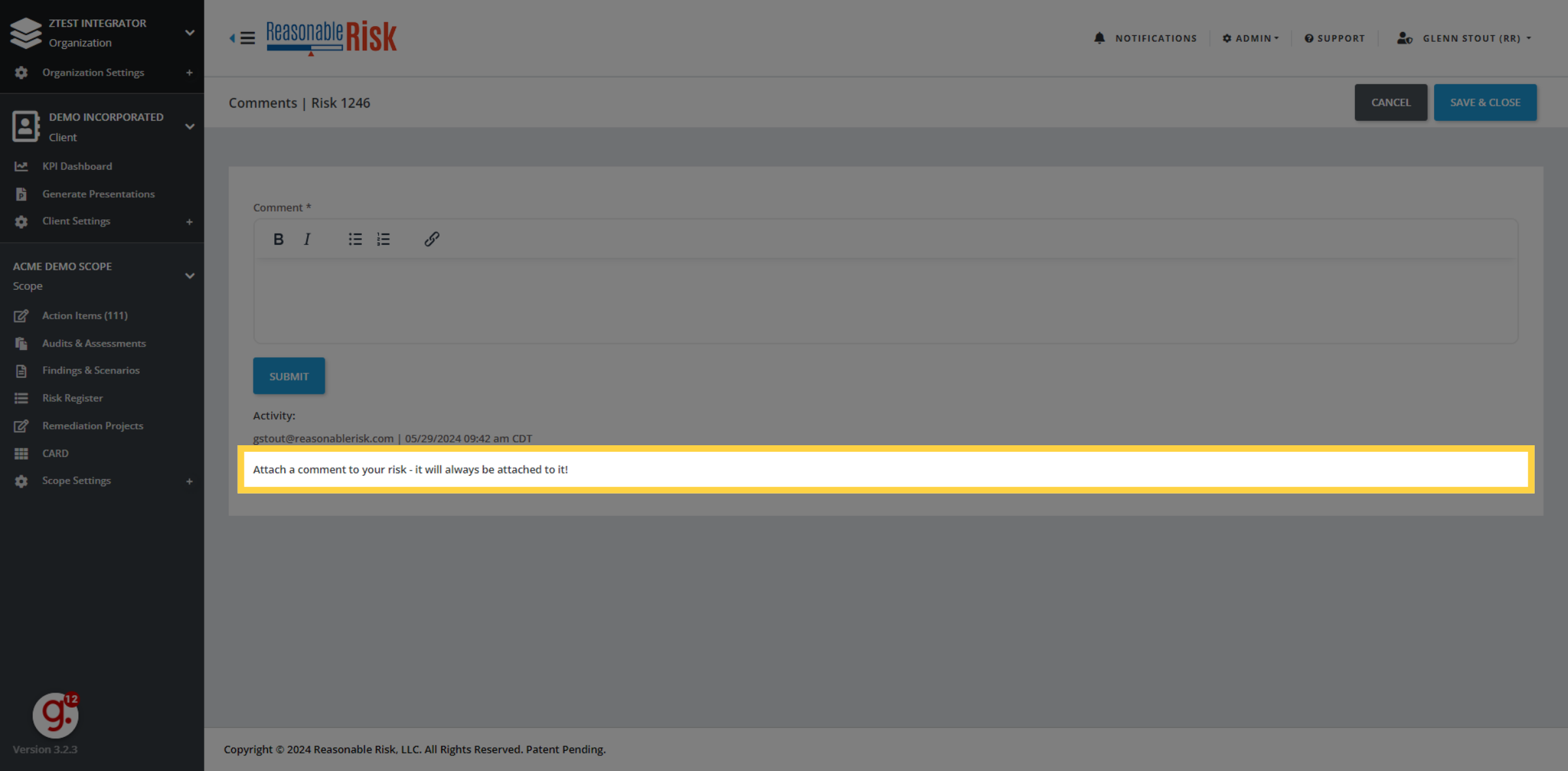 Click 'Attach a comment to your risk - it will always be attached to it!'