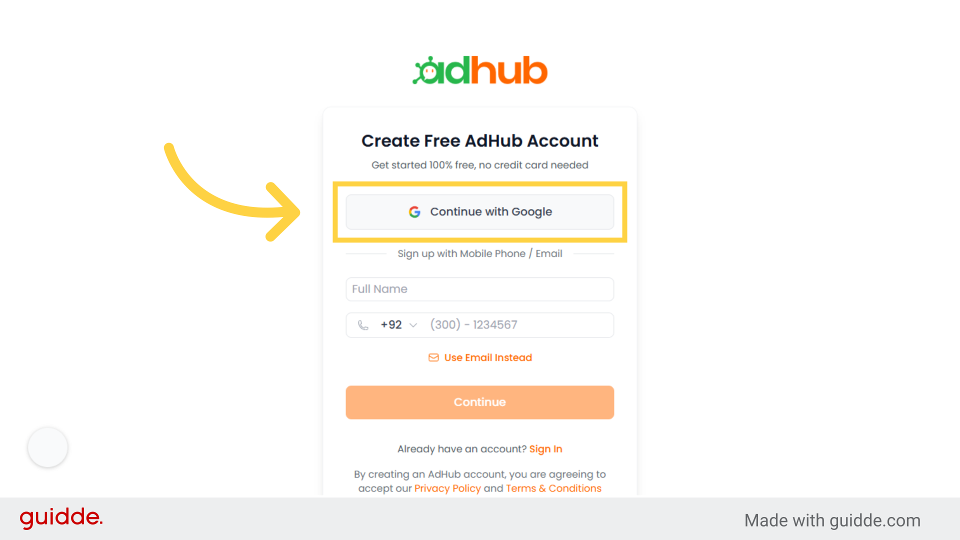 Click 'Continue with Google'