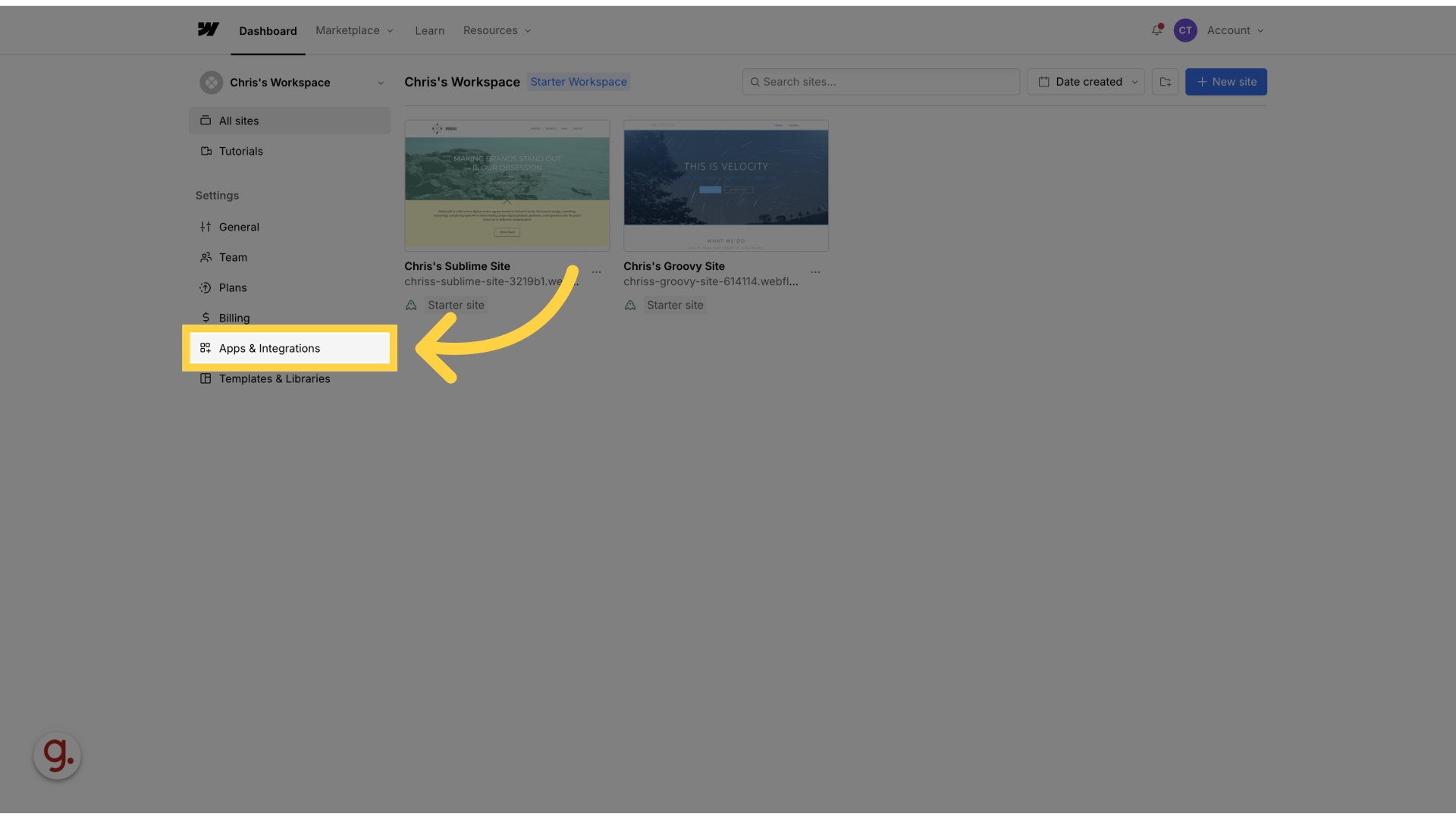 Login to your Webflow dashboard and click 'Apps & Integrations'