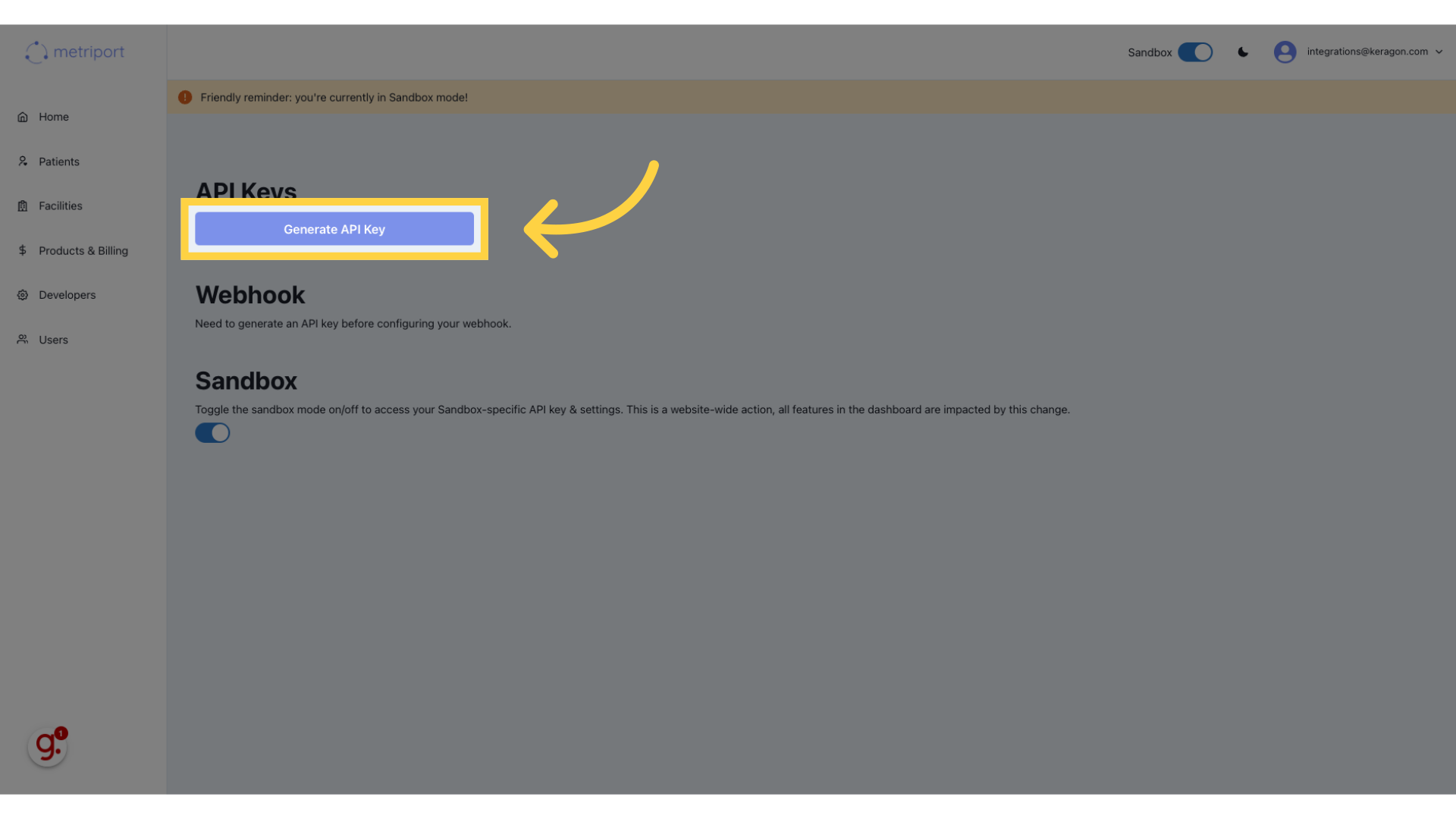 Click 'Generate API Key'
