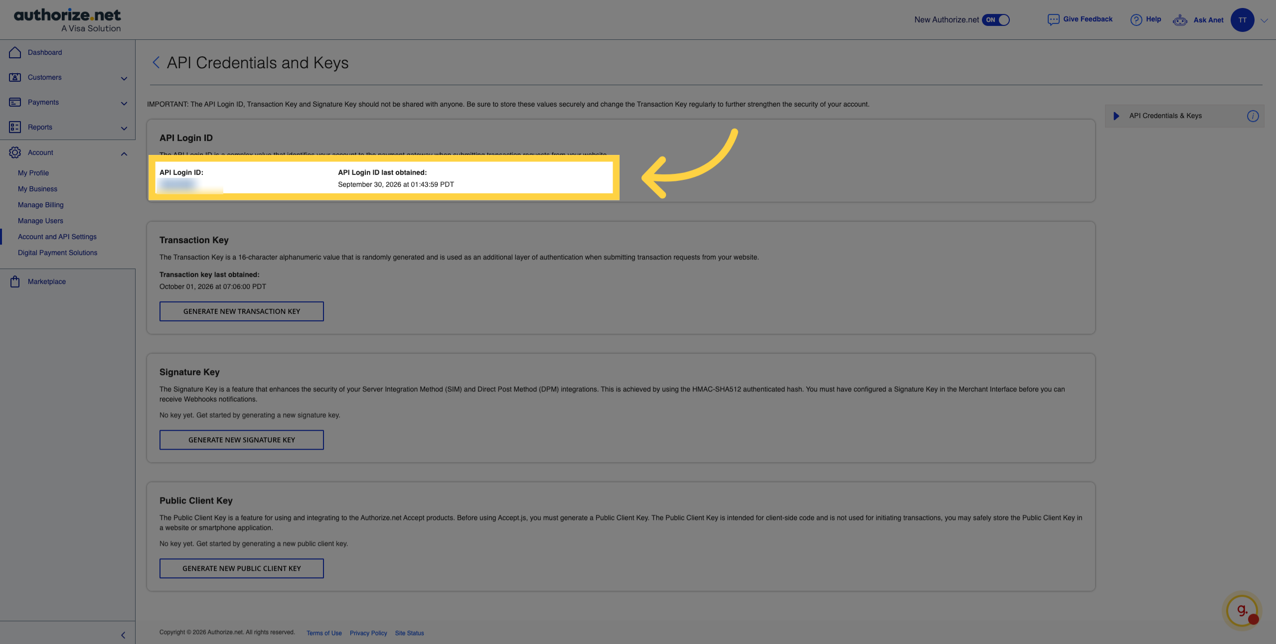 Select API Login ID Entry