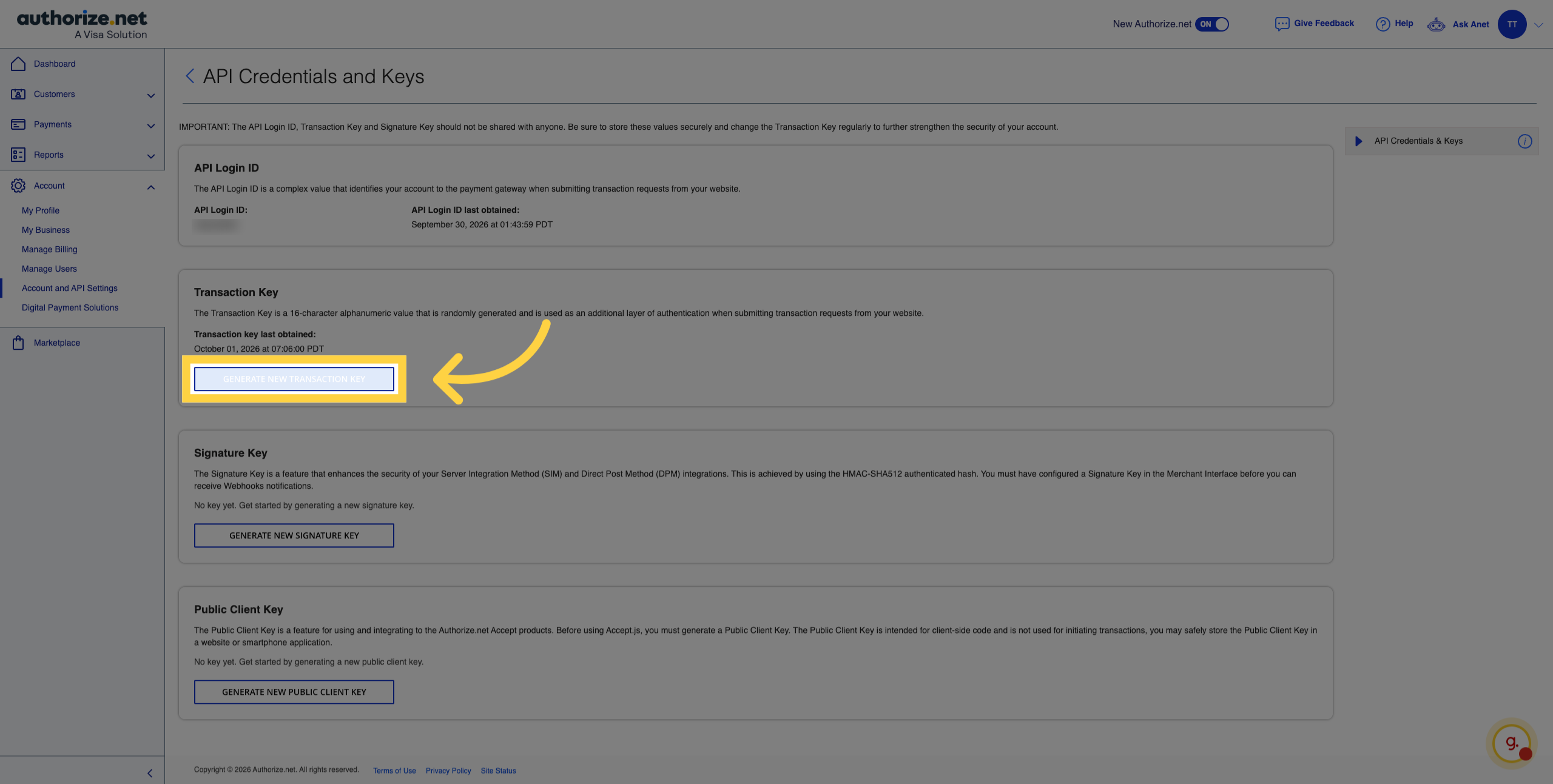 Generate New Transaction Key