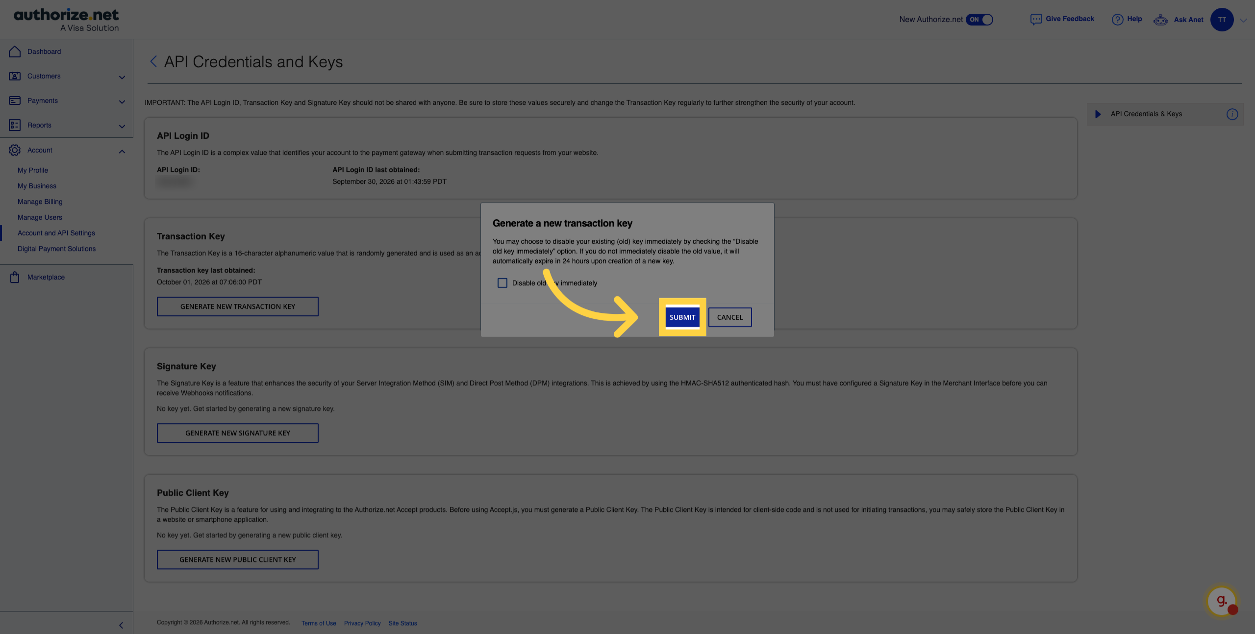 Submit Transaction Key Request