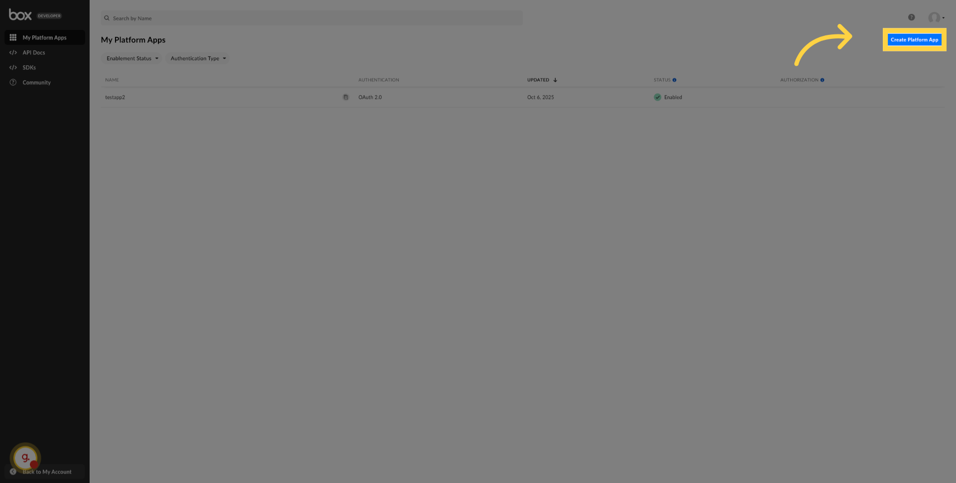 Click Create Platform App