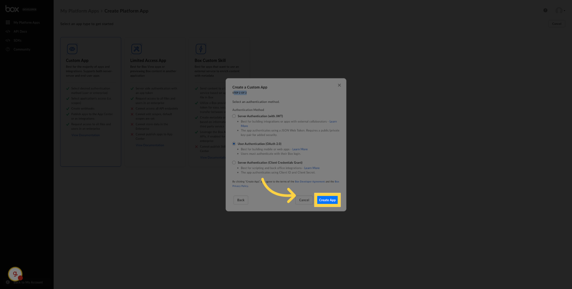 Click Create App Button