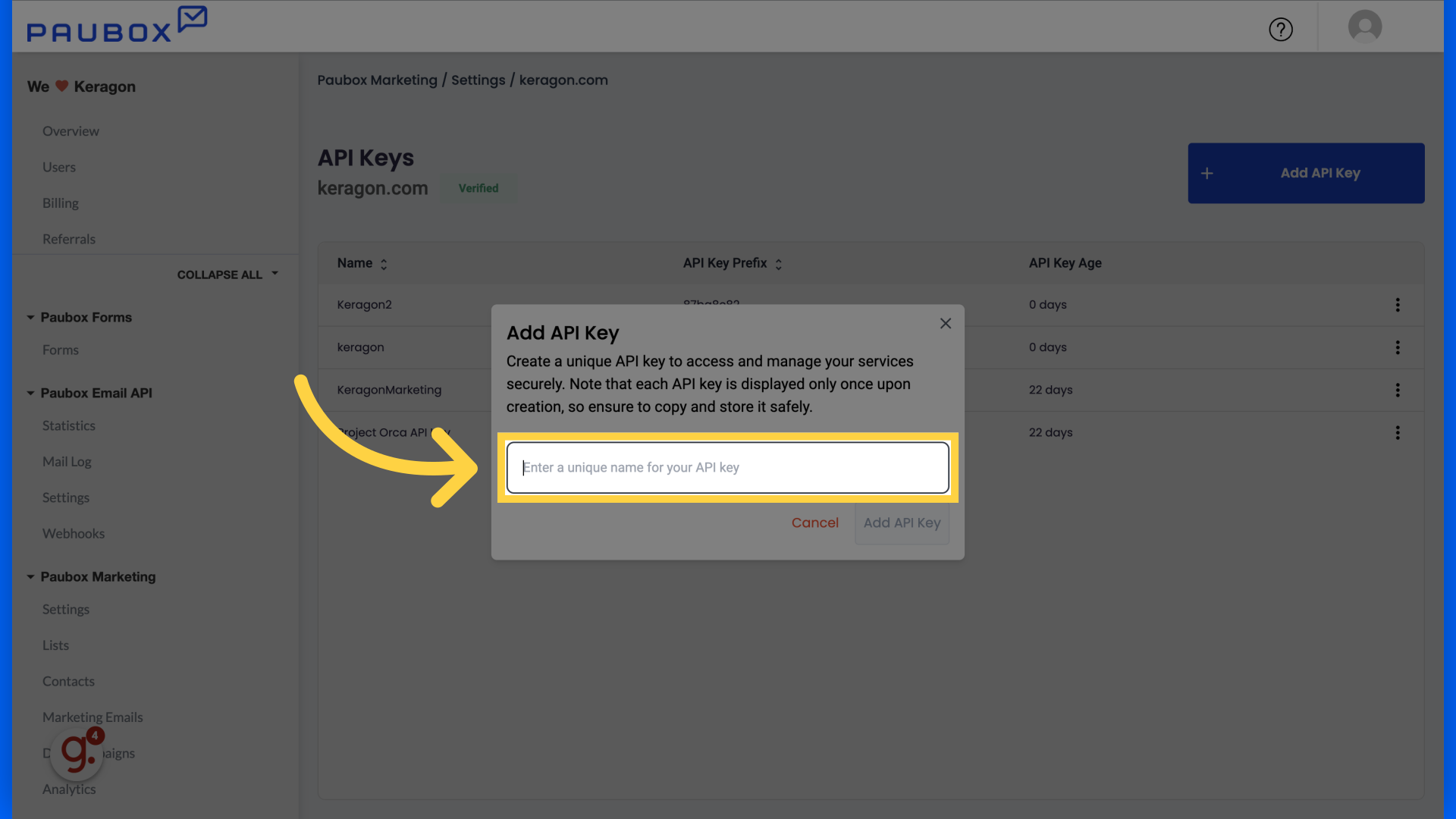 Click 'Enter a unique name for your API key'