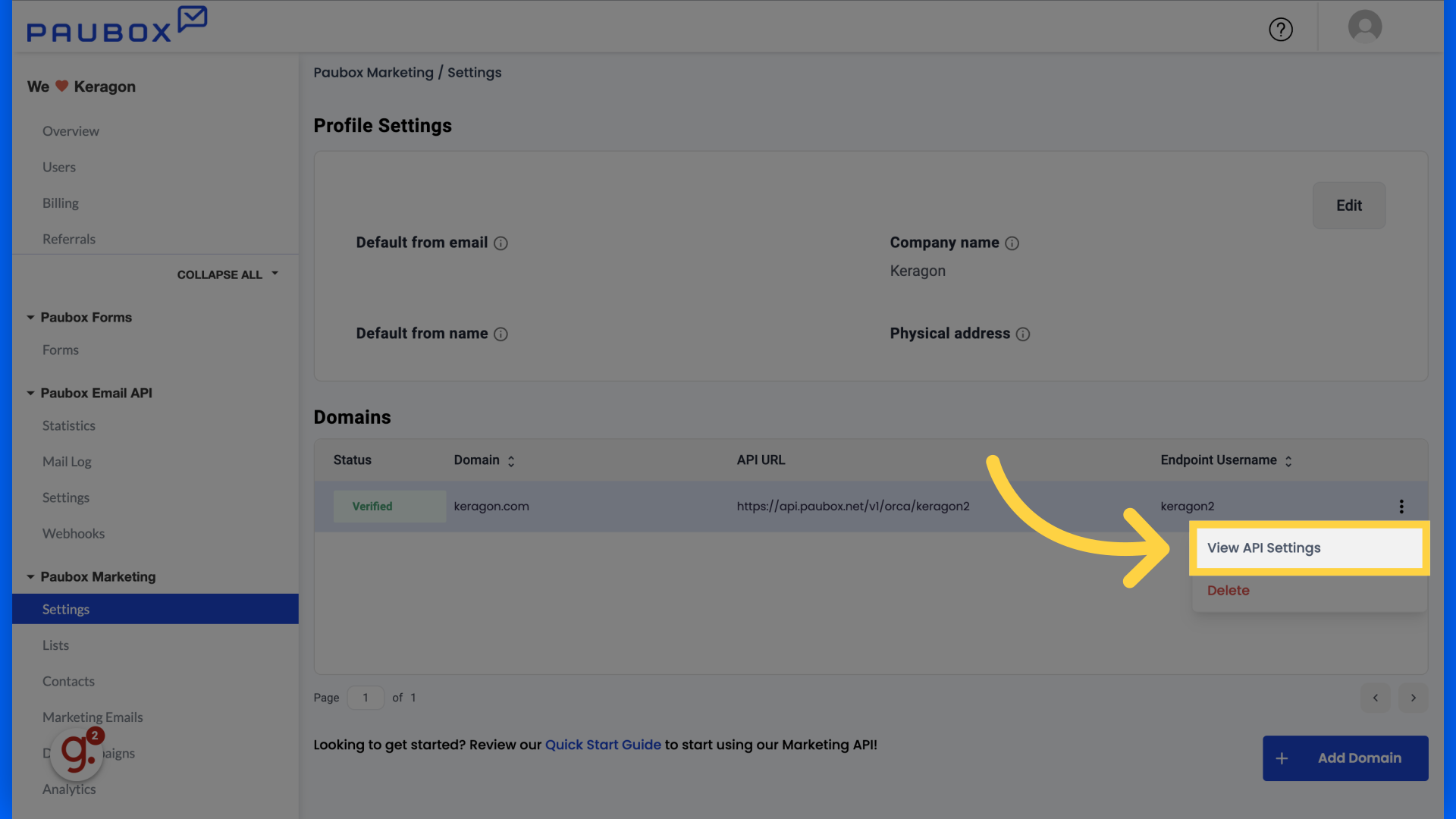 Click 'View API Settings'