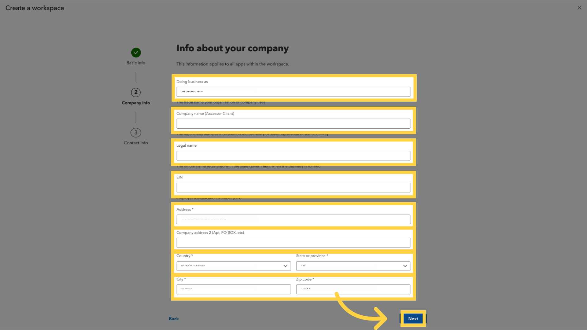 Fill your company info and click 'Next'