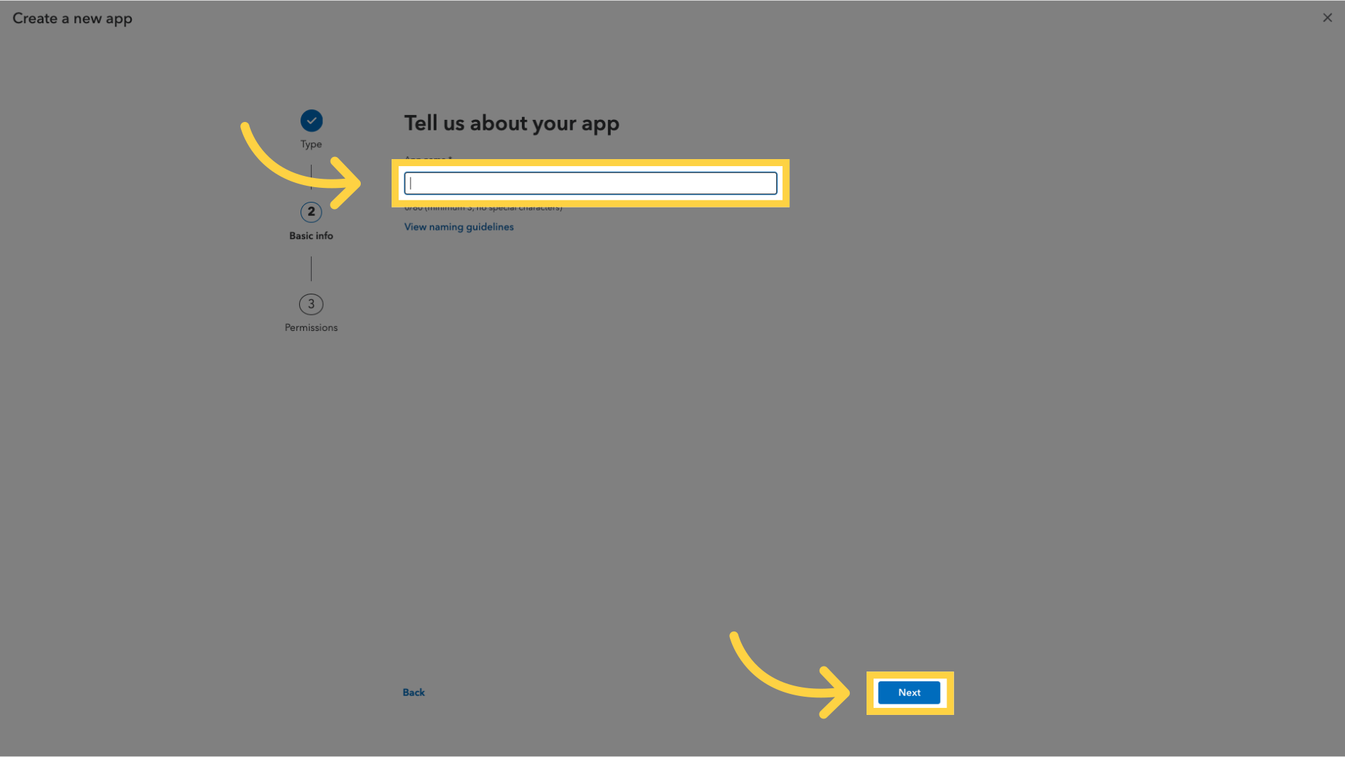 Fill 'App name' and click 'Next'