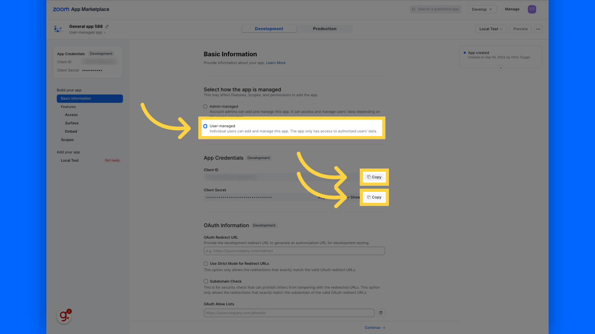 Select 'User-managed' and copy the client ID and secret