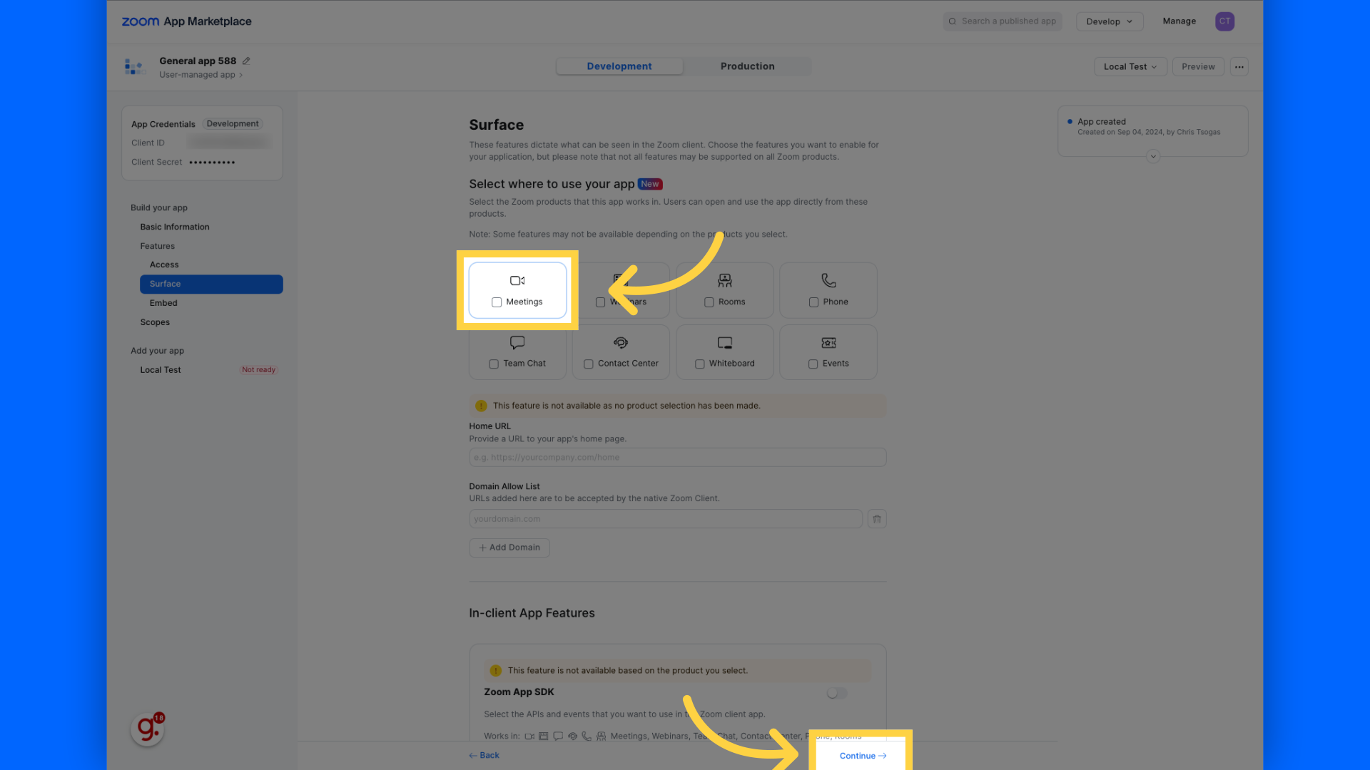 Select 'Meetings' and click 'Continue'