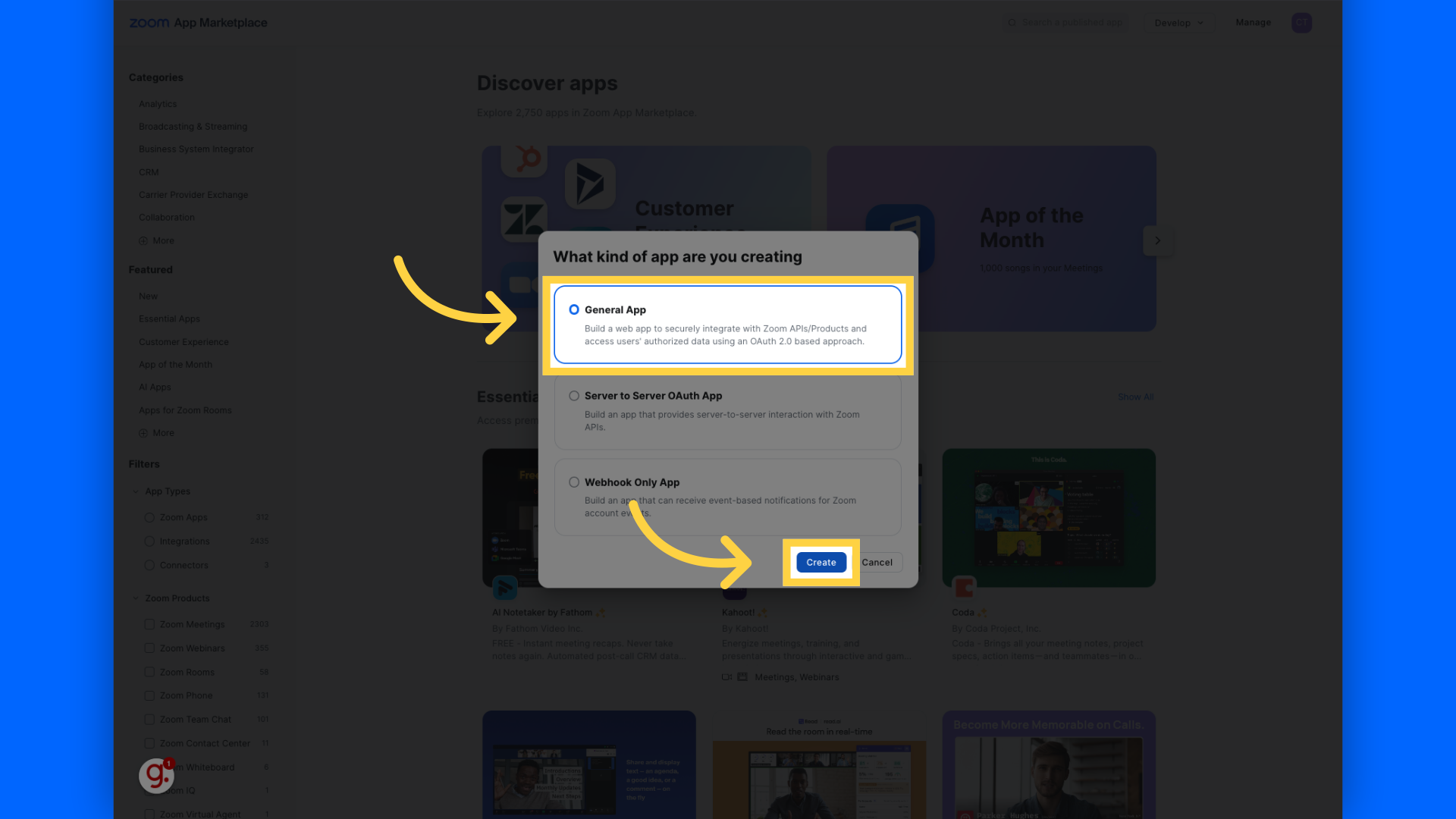 Select 'General App' and click 'Create'