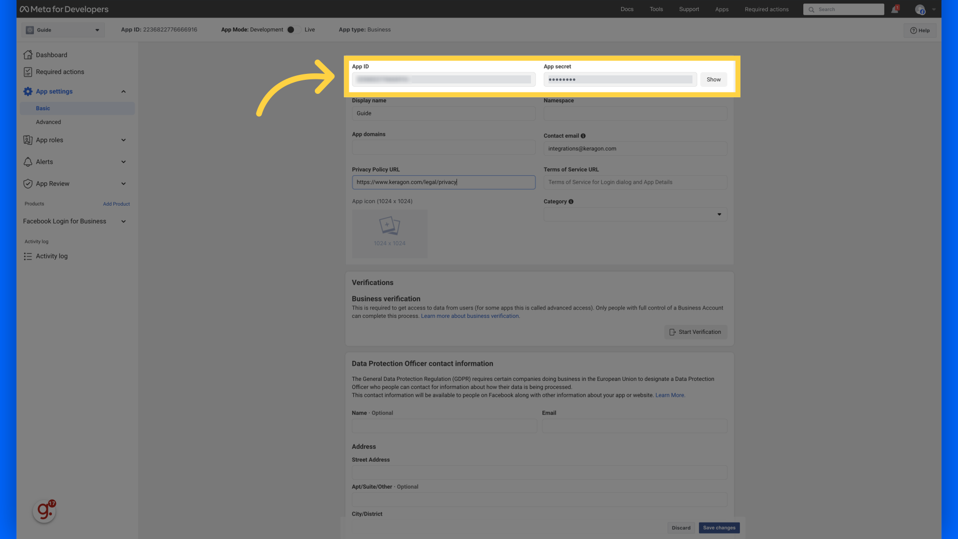 Get App ID and App secret