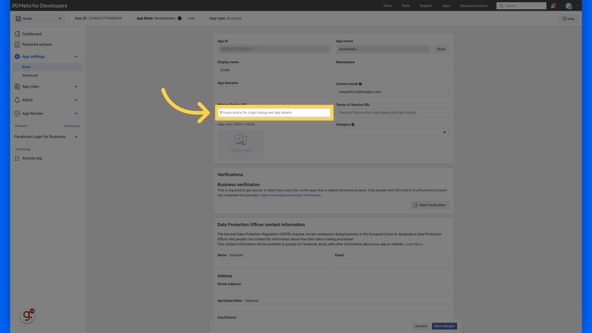 Complete your privacy url