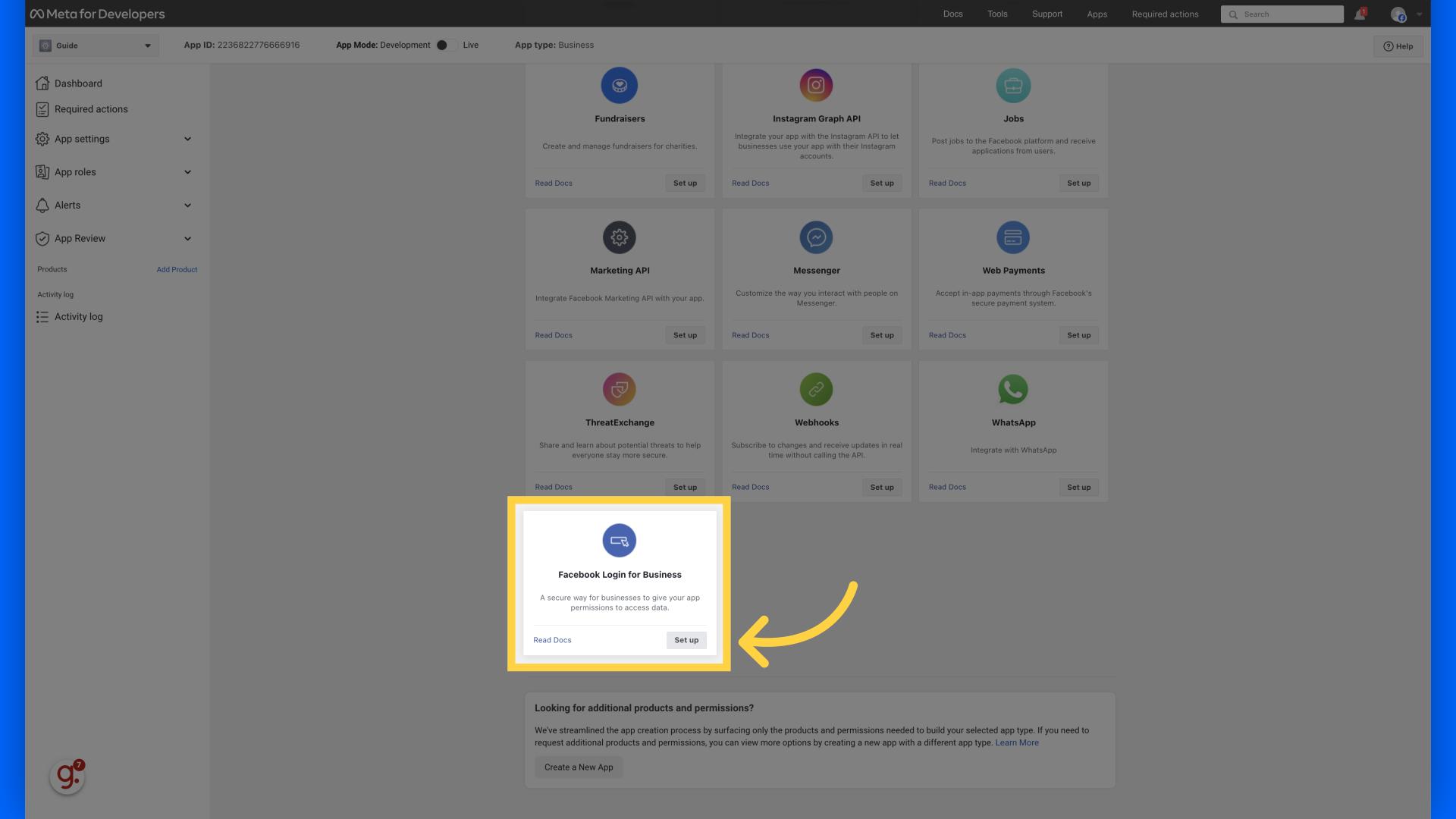 Click 'Set up' on 'Facebook Login for Business'