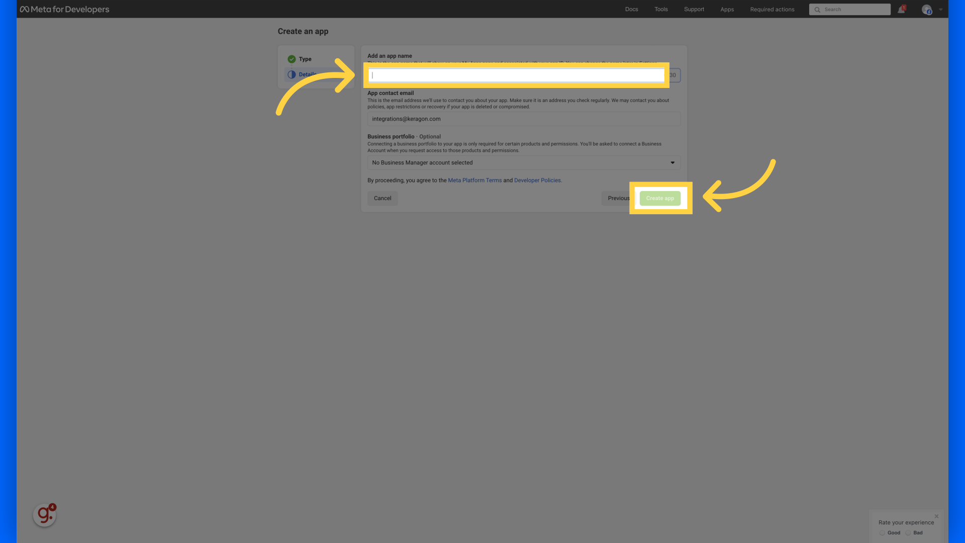 Set an app name and click 'Create app'