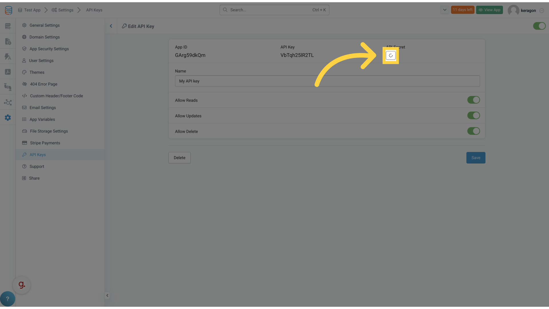 Click 'Reveal live key'