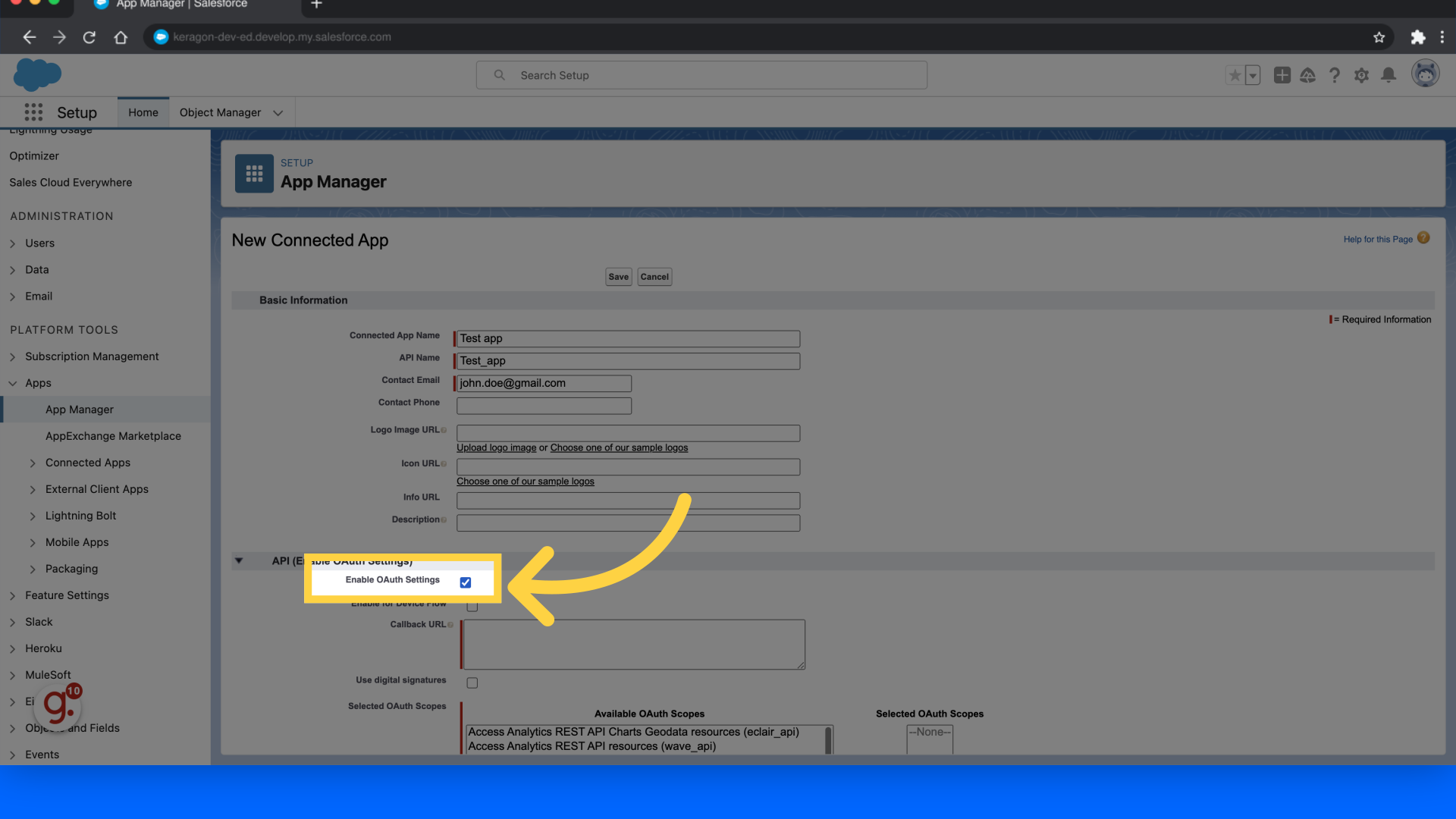 Select 'Enable OAuth settings'