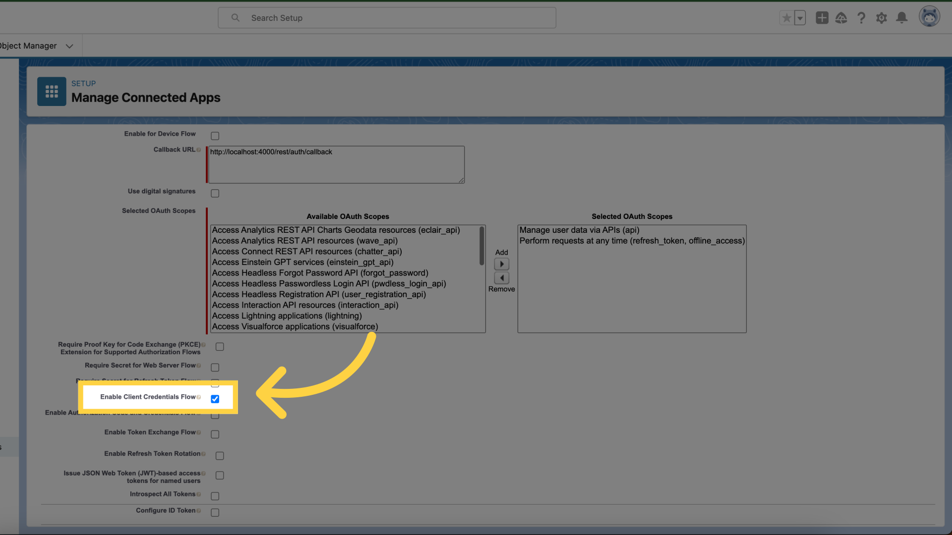 Select the 'Enable Client
Credentials Flow'