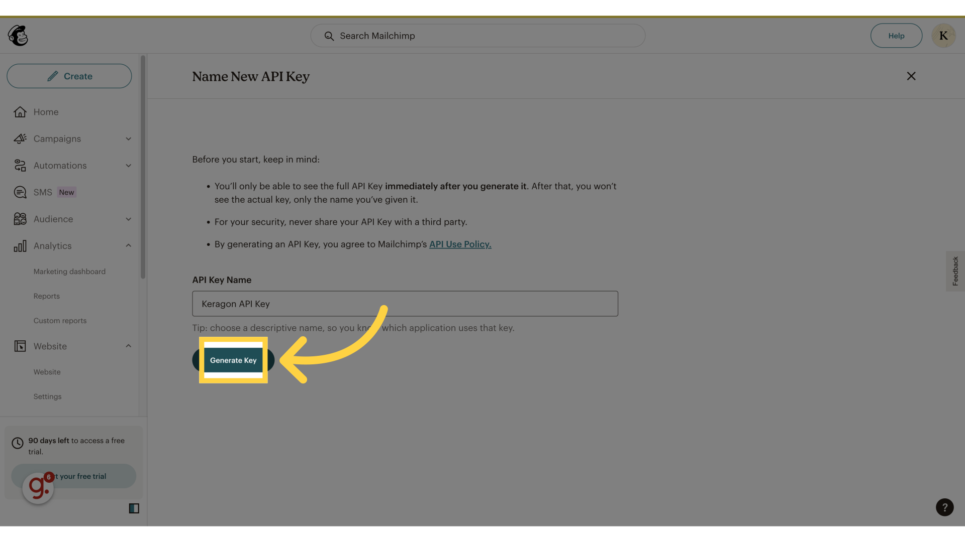 Click 'Generate Key'