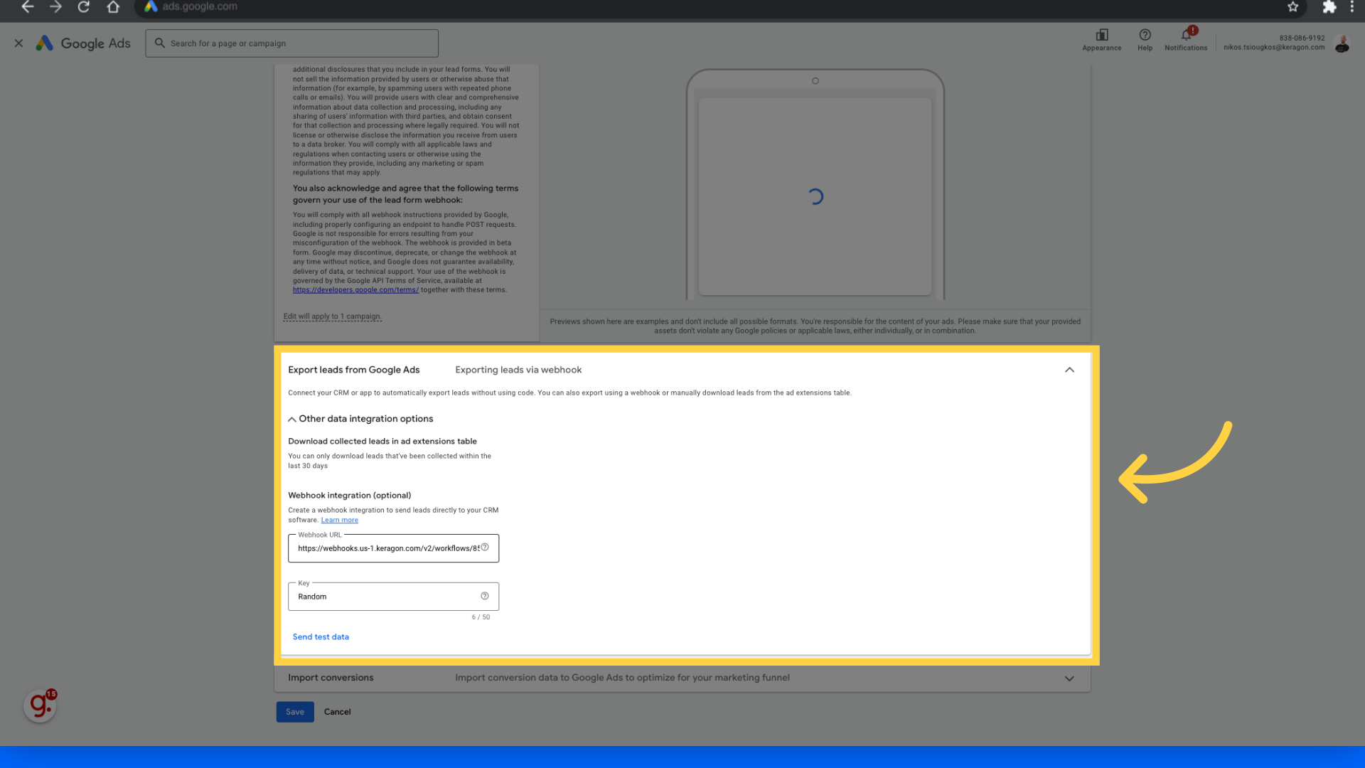 Scroll down to 'Export lead from Google Ads'