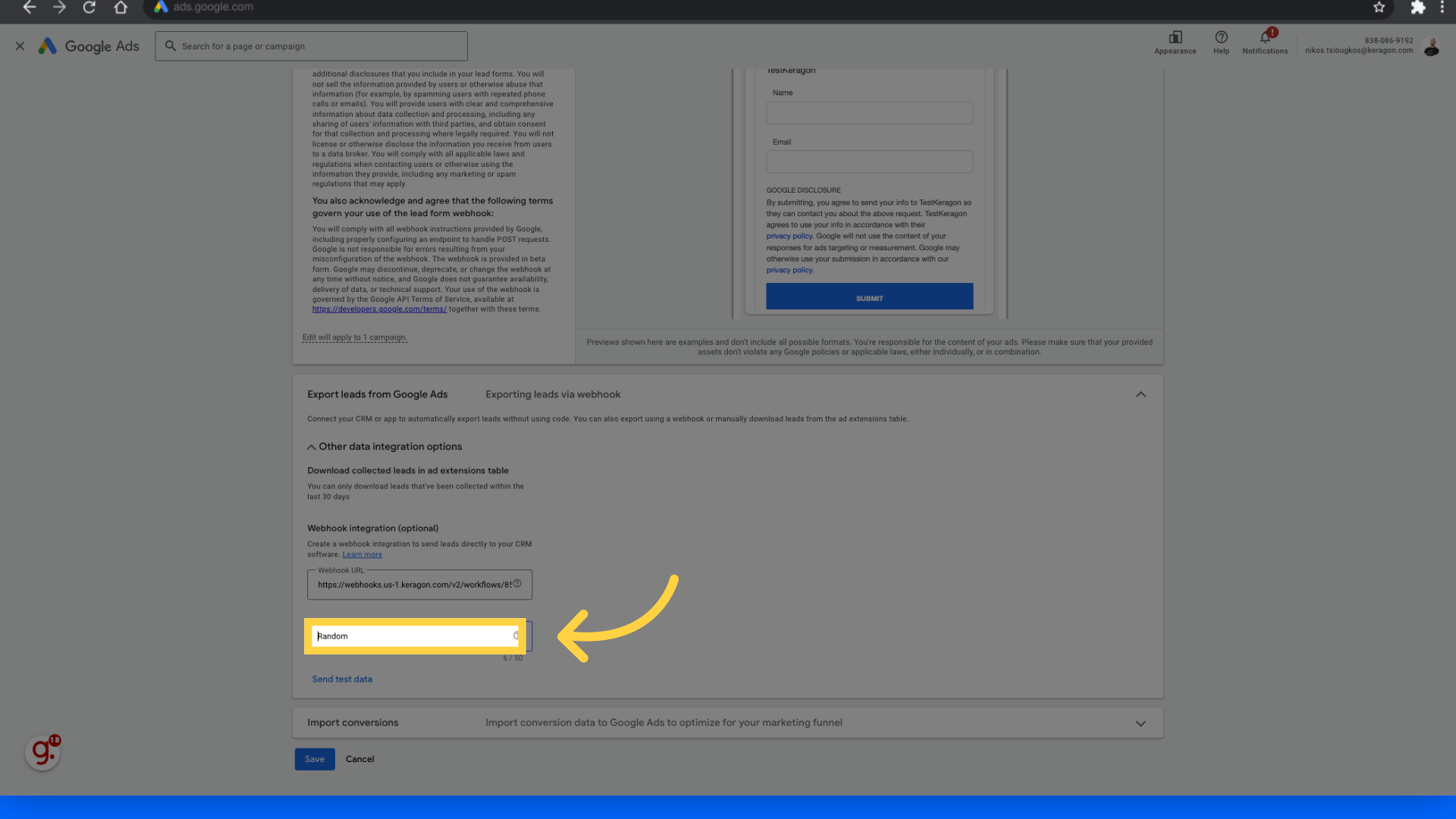 Fill the same random key you set in Keragon dashboard